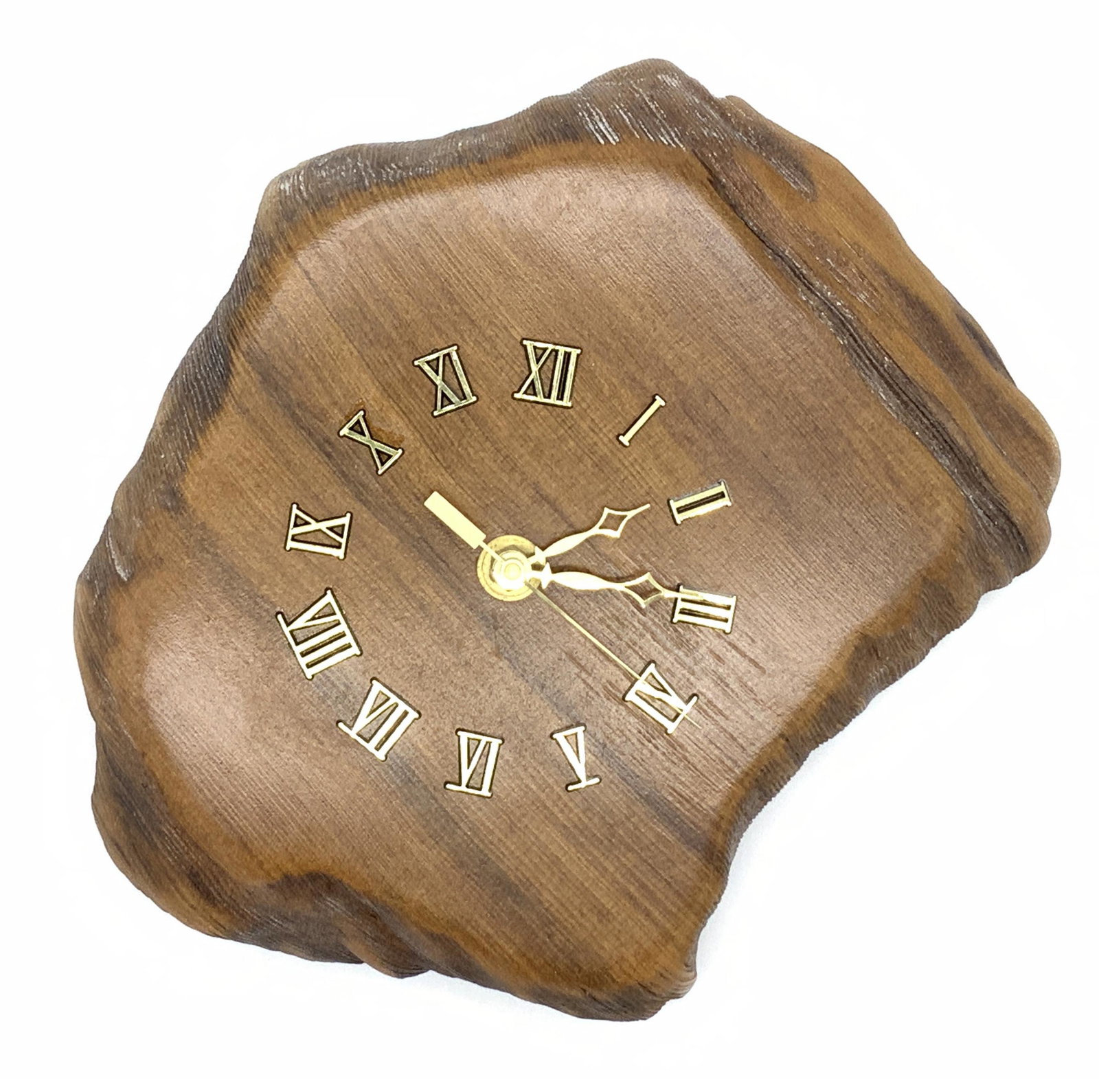 Handcrafted Mid Century Wood Clock: Vintage Mid Century Wall Clock, hand crafted with buffed live edge, brass clock arms and Roman numerals in relief. Backside inserted Quartz Movement SKP Japan mechanism, takes battery, untested. 10 x 