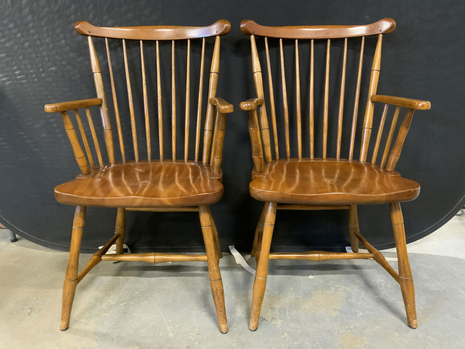 Set 6 STICKLEY Wooden Dining Room Chairs: Set 6 wooden stick back chairs. Includes 2 arm chairs and 4 side chairs, legs are connected by stretchers. Largest pieces measures approx 38 inches H, 28 inches W, and 19 inches deep. Underside reads
