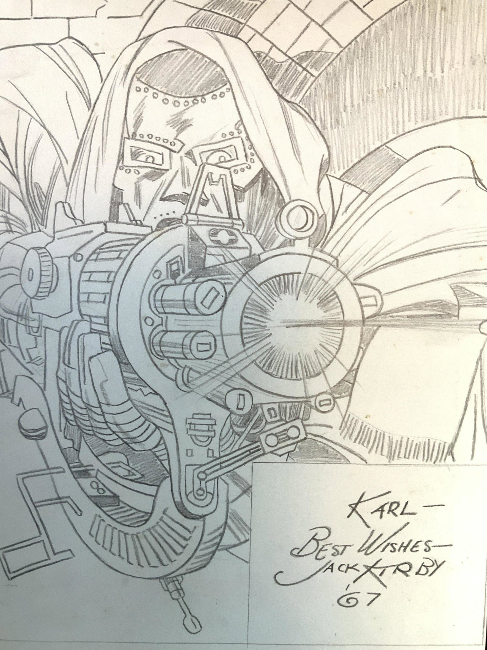 Signed Comic Book Illustration after Jack Kirby: Graphite illustration on paper, dedicated to Karl dated 67, super hero figure, attributed to jack Kirby, in the style of Jack Kirby, comic book style illustration, work on paper measures app 10.5 by 7