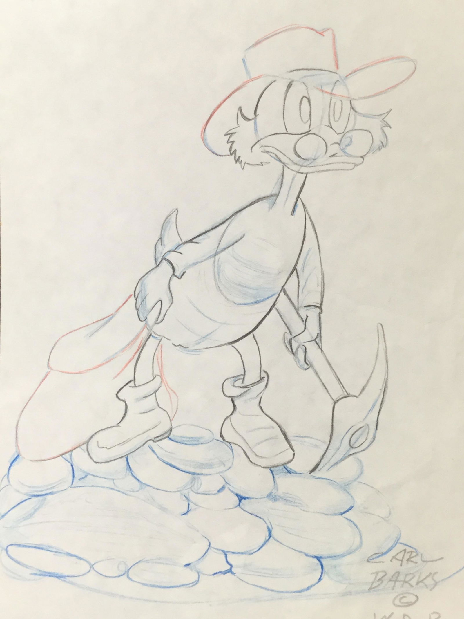 Signed Sketch Of Scrooge McDuck AFTER Carl Barks: Signed sketch in colored pencil, subject Character Scrooge McDuck, Signed lower right corner in pencil Carl Barks, Copyright tagged lower right corner in pencil W.D.P. or Walt Disney Productions, Reve