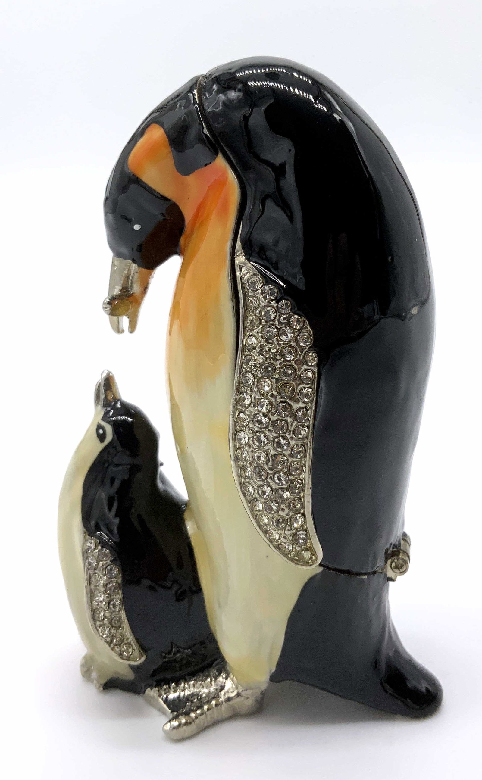 Penguin & Chick Enamel Trinket Box: Penguin & Chick Enamel Trinket Box, no apparent inscriptions or marks to piece, inscription to box reads ‘SC Collectibles’, measures 3 1/2 inches tall x 2 1/4 inches, some surface wear to piece, P