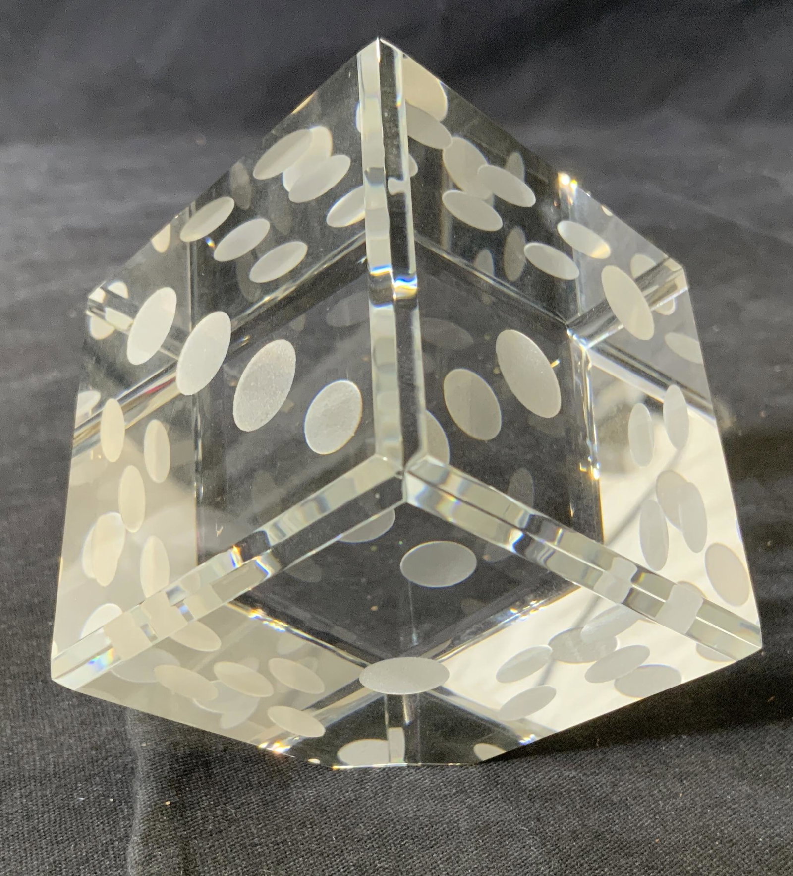 Crystal Dice Paperweight: Crystal Dice Paperweight, inscription to box reads ‘Crystal Dice’, measures 2 3/8 x 2 3/8 inches, small chip to one corner, Crystal, dice, paperweight, art glass, decorative arts, tabletop accesso