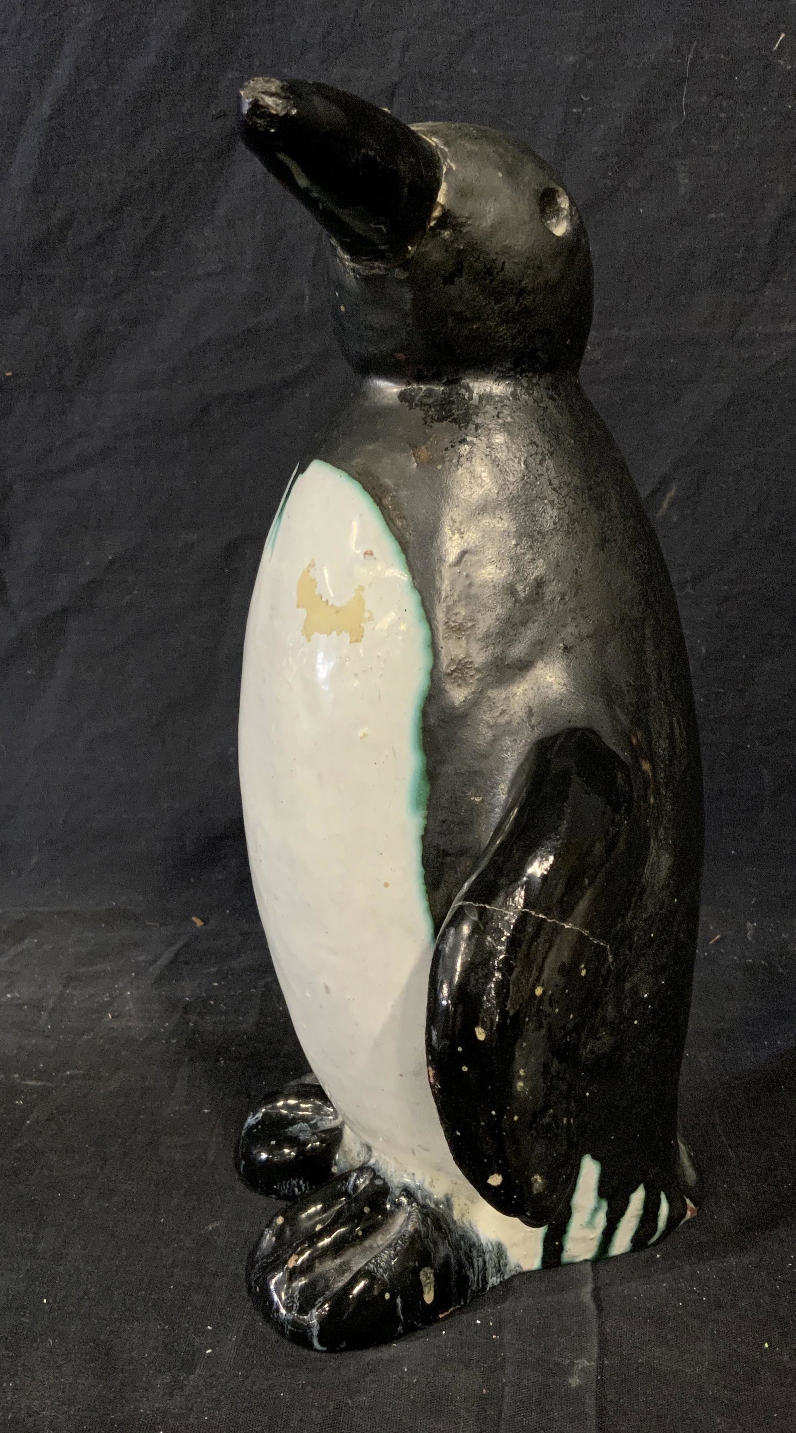 Earthenware Penguin Statue: Earthenware Penguin statue, no apparent inscriptions or markings, cracks and scratches to surface, measures 12 inches at tallest, appears to be hand painted, Earthenware, clay, sculpture, statue, peng