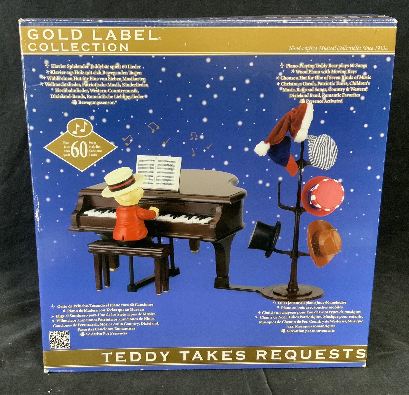 NEW Gold Label Collection Teddy Takes Requests: New Gold label collection Teddy Takes Requests, in original package, subject a collectible miniature of a teddy bear seated at a piano that plays 60 different songs, box measures 14,5 inches tall, New