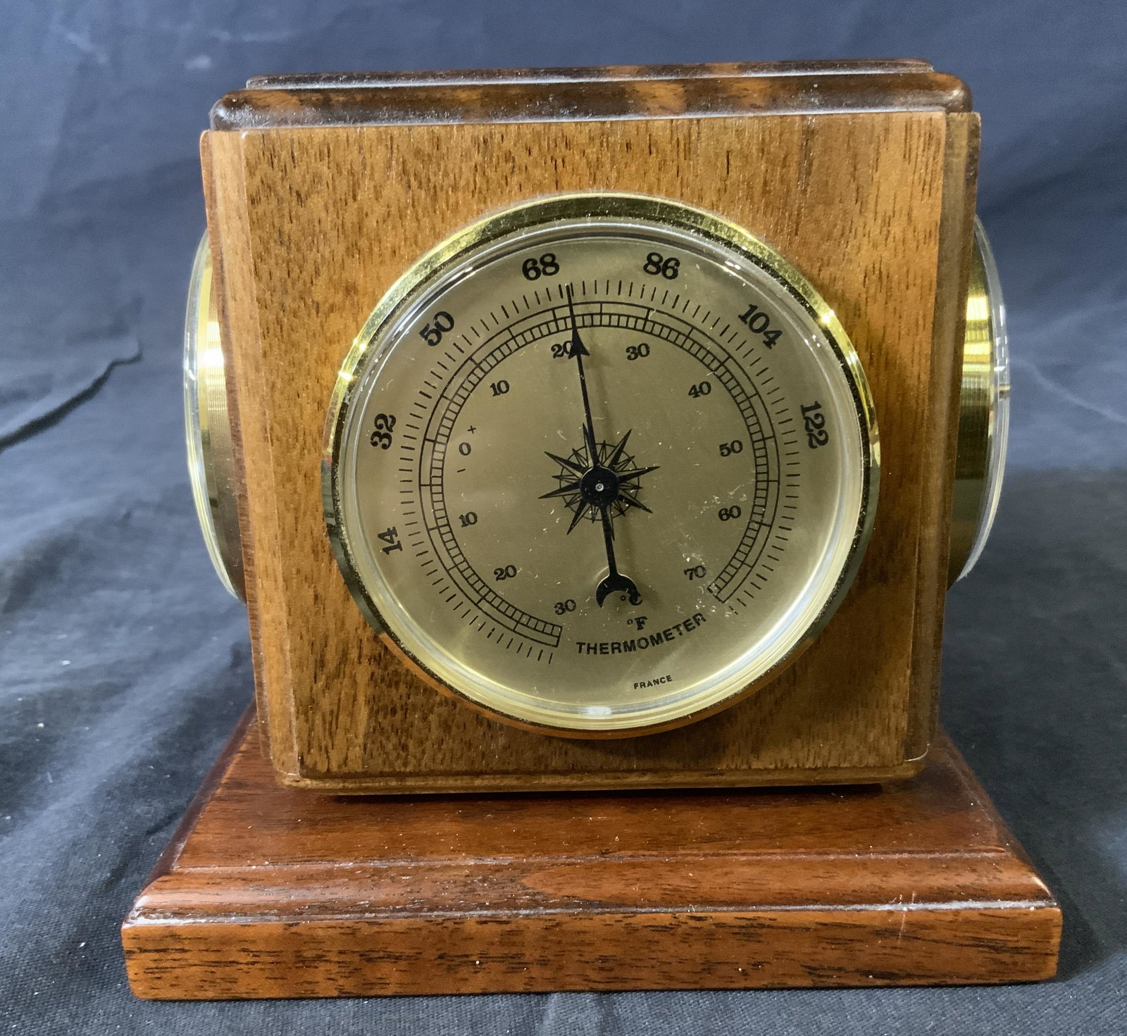 Wooden Clock, Hygrometer, Barometer, & Thermometer: 4 Sided Wooden Clock, Hygrometer, Barometer, & Thermometer, inscriptions read ‘Thermometer, Hygrometer, Barometer France’, ‘American Hardwood Black Walnut’, measures 4 3/4 inches tall x 5 inch
