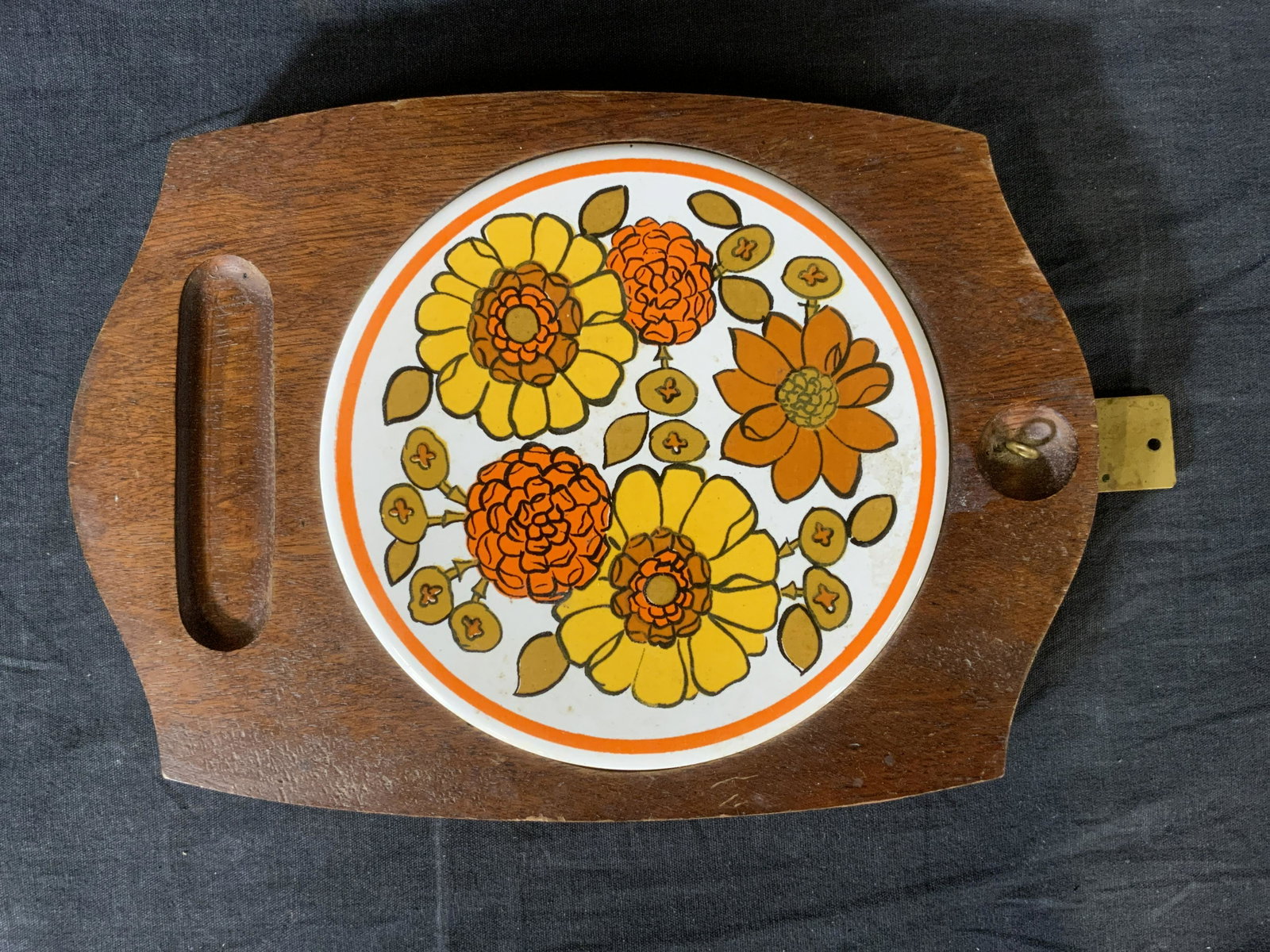 Vintage Wood & Tile Cheese Plate, Japan: Vintage Wood & Tile Cheese Plate, Japan, label to reverse reads ‘Made in Japan’, measures 10 x 7 inches, surface wear to piece, Vintage, kitchenware, tableware, tabletop accessory, decorative arts