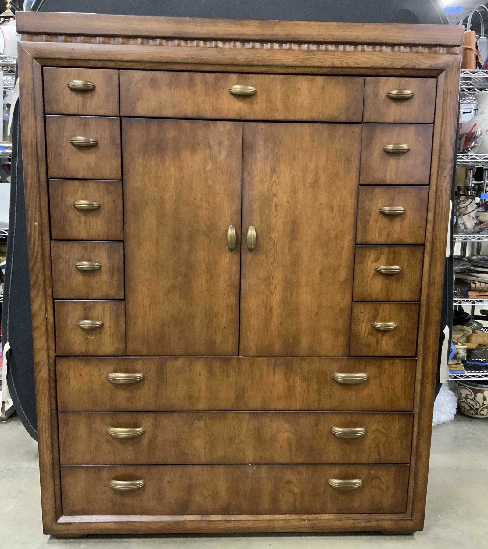 Vintage HENREDON FURNITURE INDUSTRIES Cabinet: Vintage wooden cabinet, inside of one of the drawers is stamped and reads as HENREDON FURNITURE INDUSTRIES. Four drawers and 10 apothecary style cubbies, drawer joints are dovetailed. Some shelf suppo