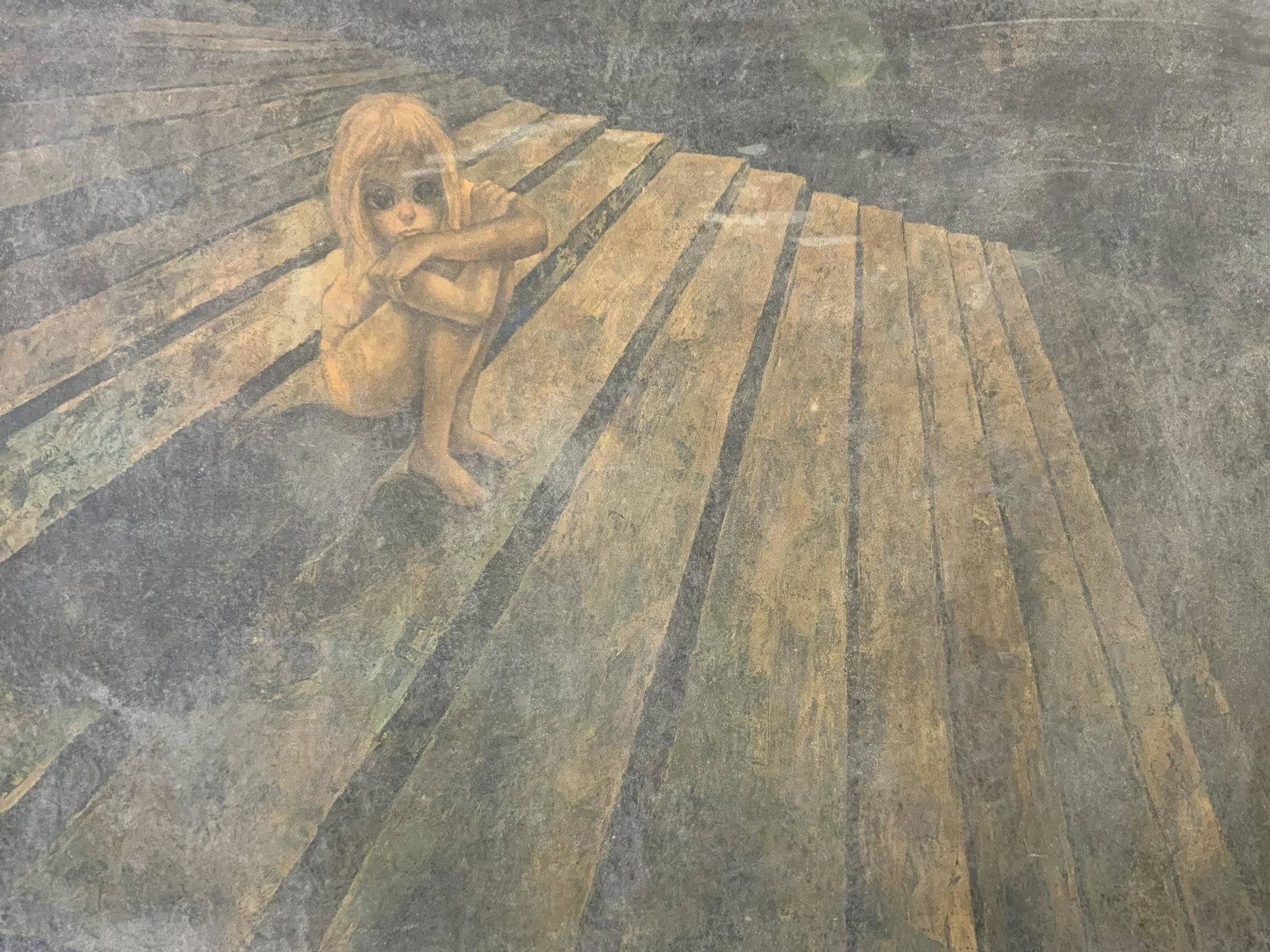 MARGARET KEANE Offset Lithograph artwork: MARGARET KEANE Offset Lithograph, no apparent inscriptions or signatures, not examined out of frame, subject a girl on a roof, measures 34 x 41 3/8 inches, wooden frame, some surface wear to frame, su