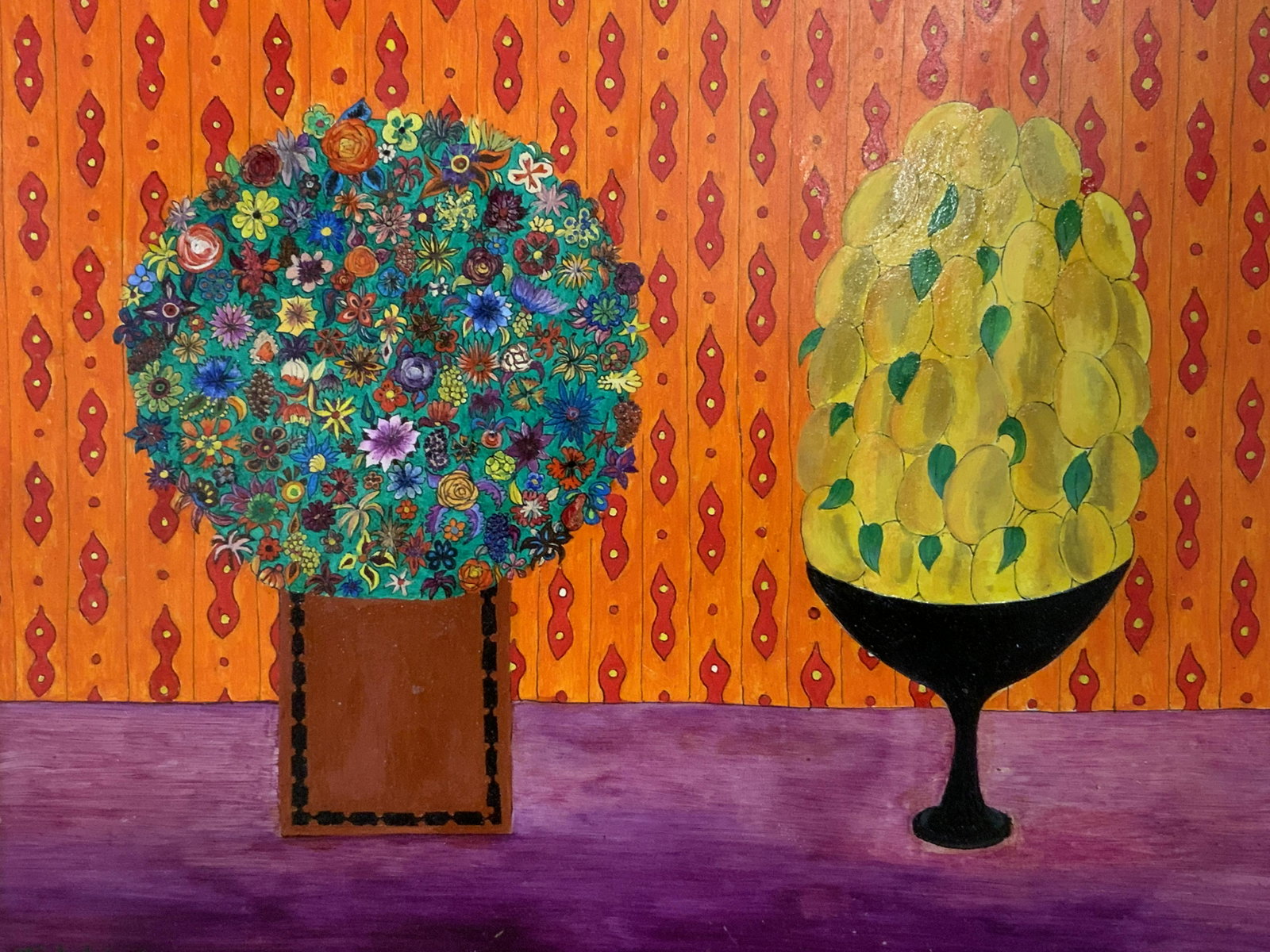 MICHEL LOEB Signed Oil on Board Painting: Michel Loeb signed oil on board painting, signature to the lower left corner reads ‘Michel Loeb’, subject a still life of a abstract geometric bouquet ina a table with a bowl full of lemons beside