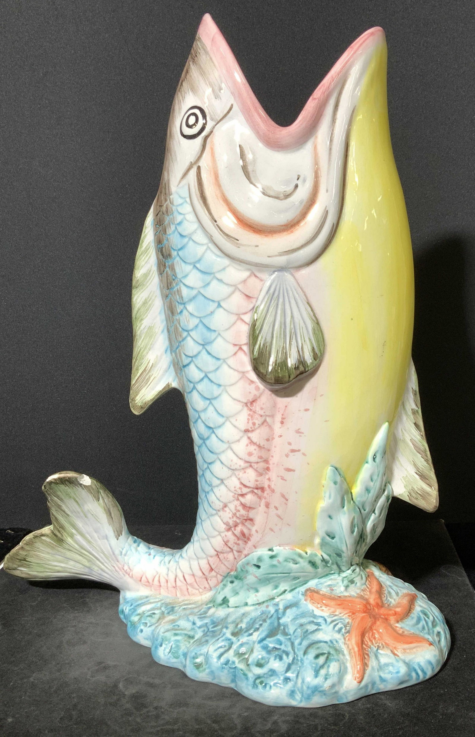 Hand Painted Ceramic Fish Vessel, Italy: Colorful Salmon/ Fish vessel/ vase, marked Made in Italy 6365 and stamped with ink Hand Painted Made in Italy. Small chip to fin. 14.5 in tall, 12 in wide. Italian Ceramics, Italian Pottery, Italian P