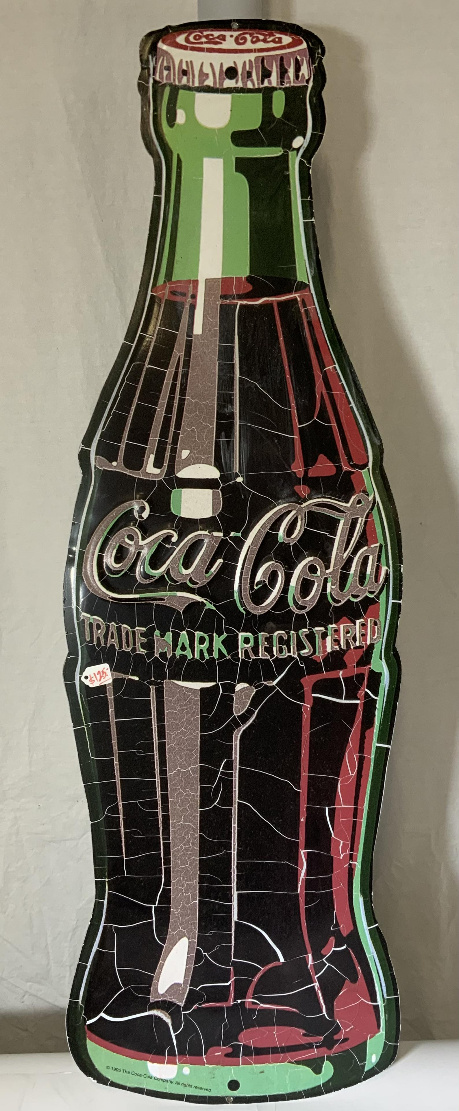 Vintage Metal COCA-COLA Sign: Vintage, collectible, metal coca-cola wall size sign. Measures approx 40 inches H, and 12.5 inches W. Wear is consistent with age and exposure, denting and surface wear present. Originally property of