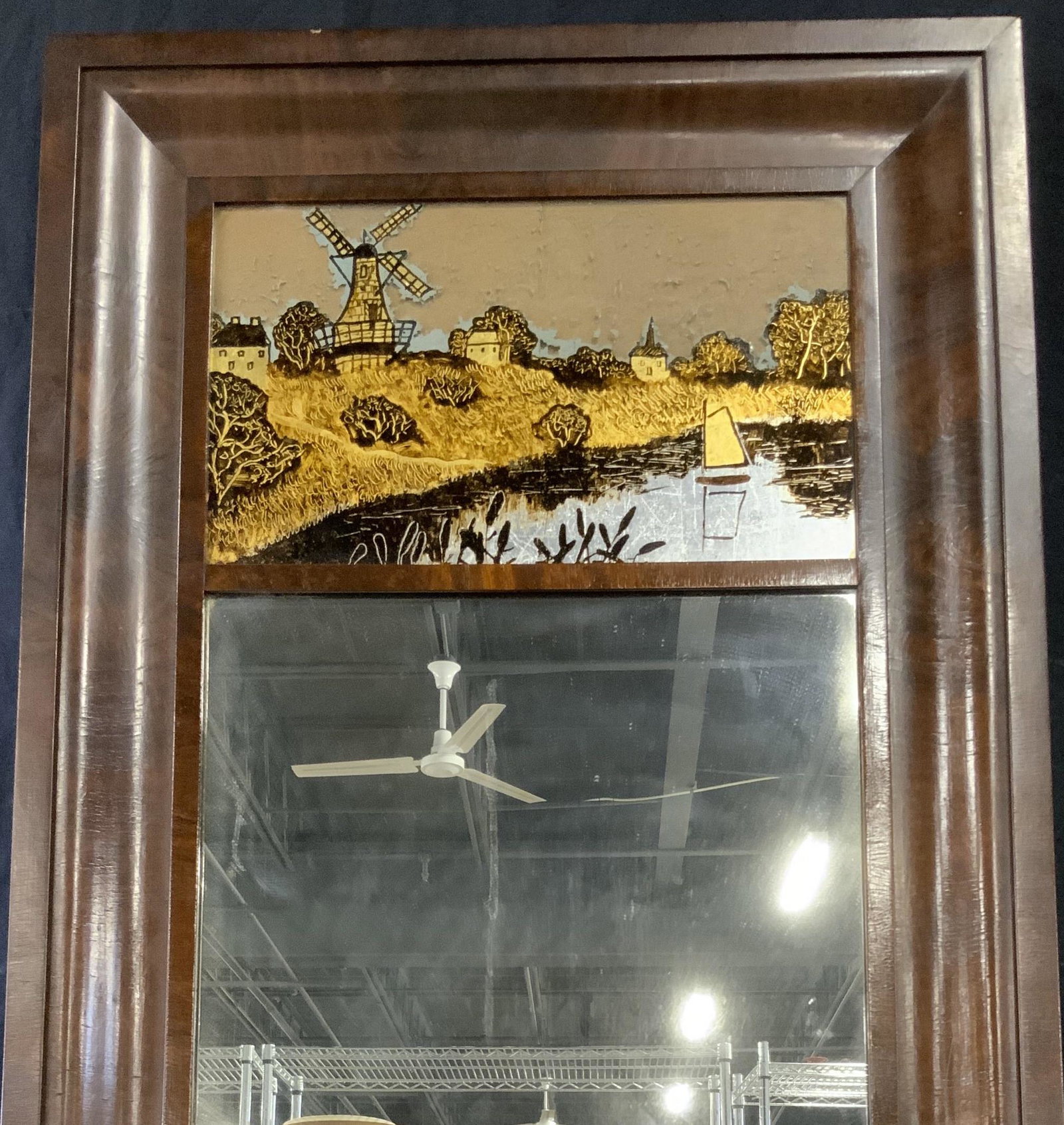 Walter & Kimball Mirror with Pictorial Scene: Walter & Kimball Mirror with hand painted pictorial scene, no apparent inscriptions or markings, pictorial scene to upper section of mirror depicts a waterside landscape with building and a windmill i