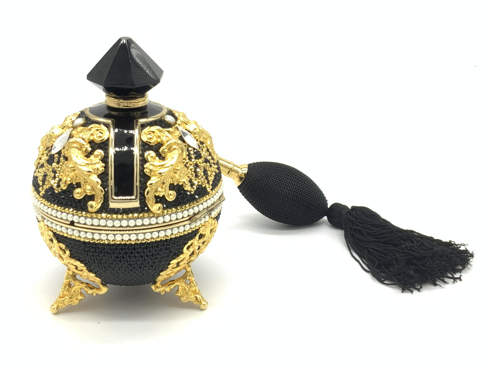 JUDITH LEIBER Swarovski Crystal Bottle Minaudiere: Collectible JUDITH LEIBER PERFUME BOTTLE MINAUDIERE. A designer purse crafted into the form of a vintage style perfume bottle. The lid has a moveable finial that is attached to a vintage style perfume