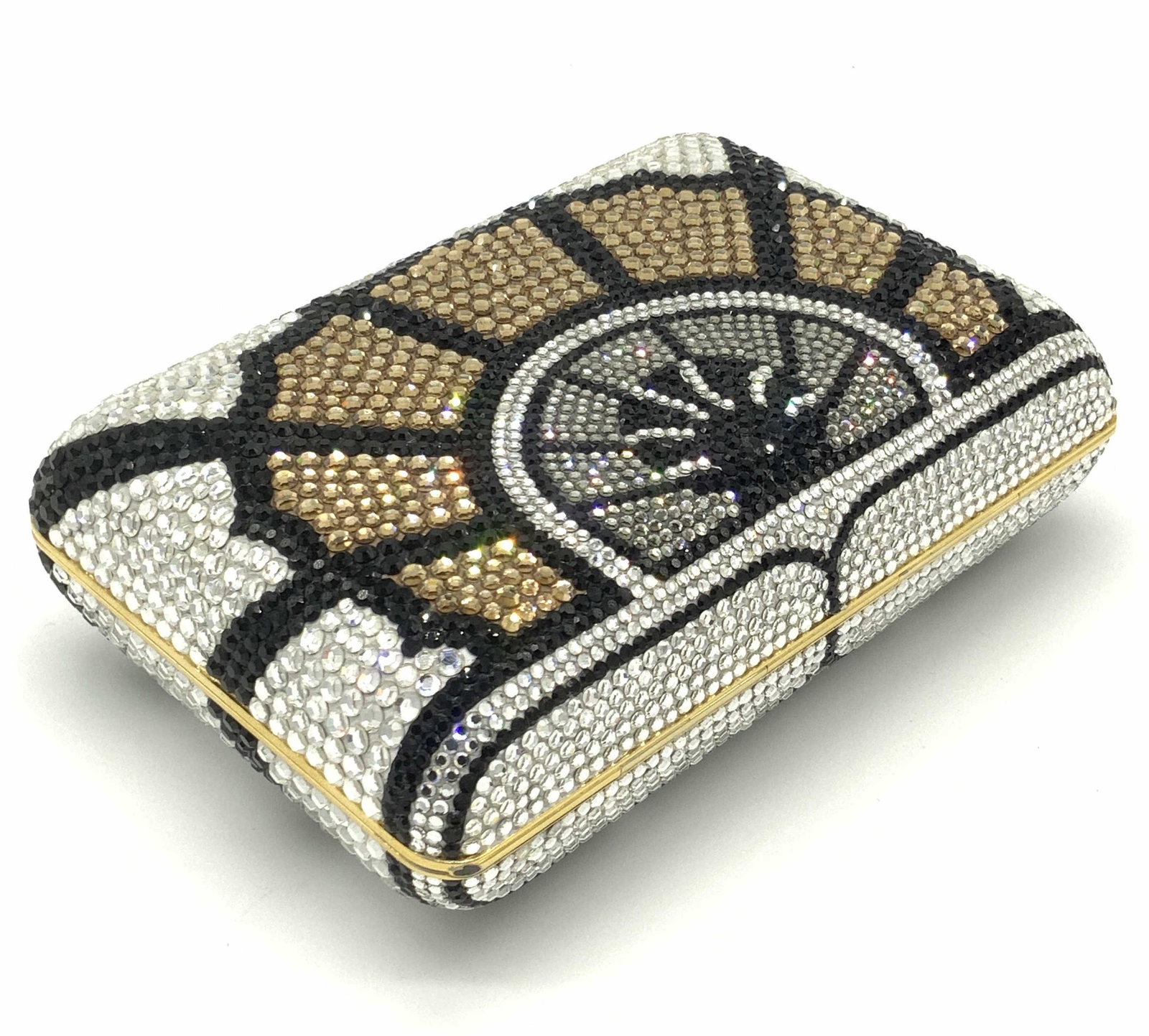 JUDITH LEIBER LE (5/20) Crystal Sunrise Minaudiere: Collectible JUDITH LEIBER LIMITED EDITION (5/20) SUNRISE MINAUDIERE. The crystals arranged to resemble a sunrise. Multi-colored Swarovski crystal exterior over a gold tone metal form. Appears to have