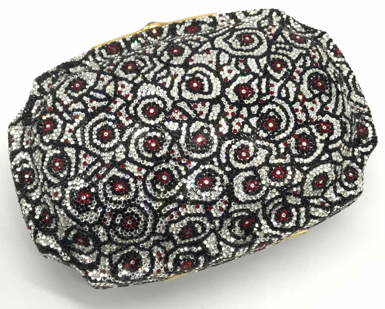 JUDITH LEIBER LE (4/10) Crystal Minaudiere W/ Box: Vintage Collectible JUDITH LEIBER LIMITED EDITION (4/10) MINAUDIERE. Red, black, and colorless crystal exterior over a gold tone metal form. Appears to have all original crystals. Top button closure o