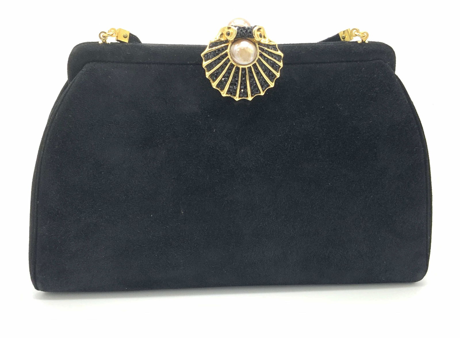 Vntg JUDITH LEIBER Black Suede Purse W/ Org. Box: A collectible black suede JUDITH LEIBER purse. Piece has gold tone metal hardware and secures with snap closure. Snap closure decorated with pearlescent beads and black crystals. Interior has JUDITH L