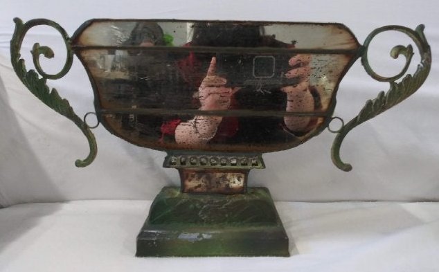 Vintage/Antique Painted Metal Tole Mirrored Centerpiece: Hand Painted Metal Box, sectioned mirror mosaic to front of piece , painted mottled green with Victorian scroll handles, decorative object, small storage, floral vase, more. possibly antique. Backside
