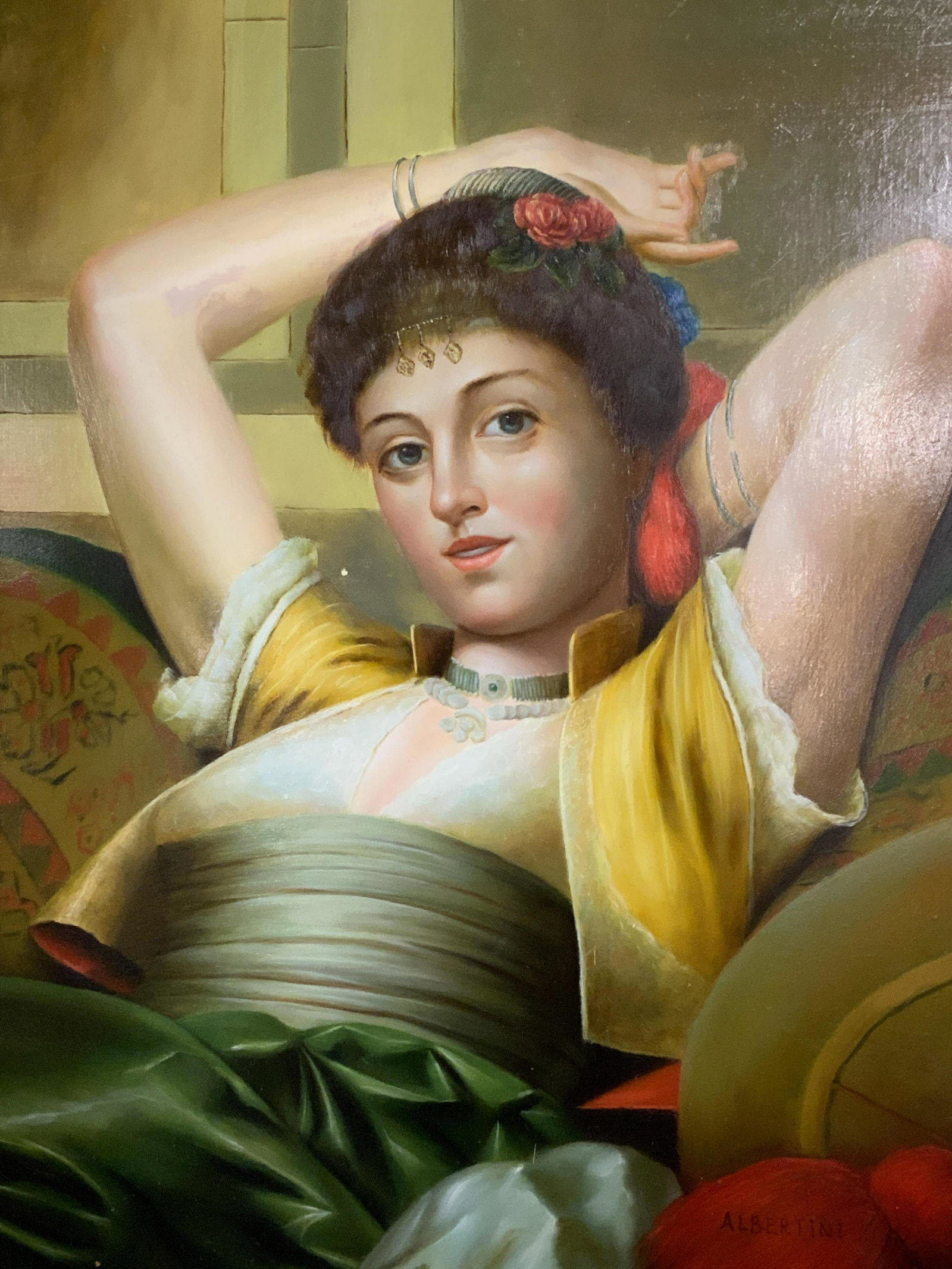 ALBERTINI Signed Turkish Style Female Portraiture: Albertini signed Turkish style female Portraiture, signature to the lower right corner reads ‘Albertini’, subject a woman in Turkish style clothing reclined on a bed of pillows, elaborate hand car