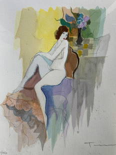 ITZCHAK TARKAY Signed Aquatint Artwork: ITZCHAK TARKAY Signed Aquatint, signature to lower right reads ‘TARKAY’, edition to lower left reads ‘140/350’, subject a seated nude woman, measures 20 1/2 x 18 1/4 inches, gilt wooden