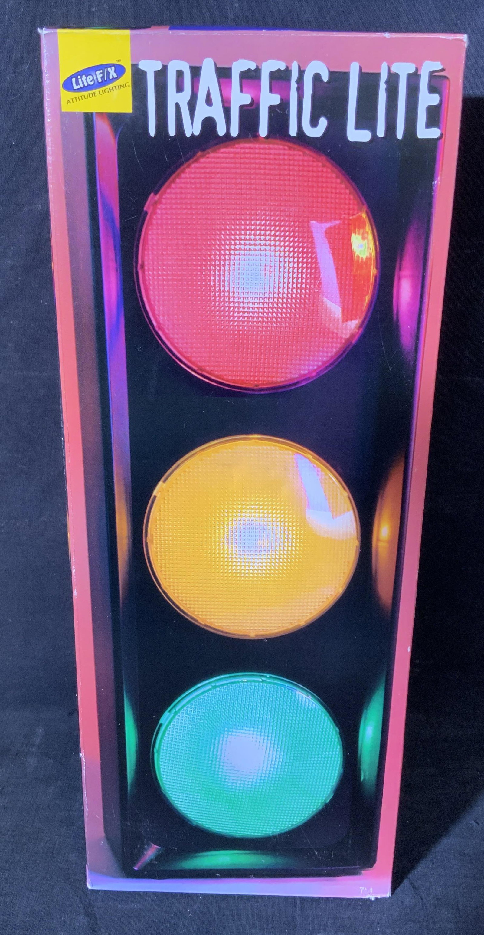 Lite F/X Traffic Lite Home Decor: Lite F/X Traffic Lite Home Decor, label to front reads ‘Lite F/X Attitude Lighting’, information to side of box reads ‘Traffic Lite TM, Model 49007, Lightweight design, random blinking lights, s