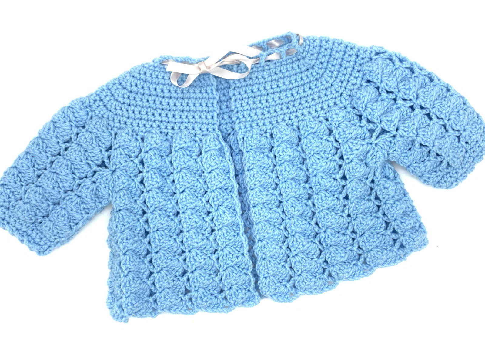 Grp 3 Hand Crochet Baby’s Blankets, Sweater: Baby blue sweater with bow, Yellow and blue blanket, 26.5 x 32 in. Chevron Pattern Blue Yellow and White knit blanket with tassels, 28 x 23.5 in. Yarn all soft hand. Collectibles, Collectible Crochet 