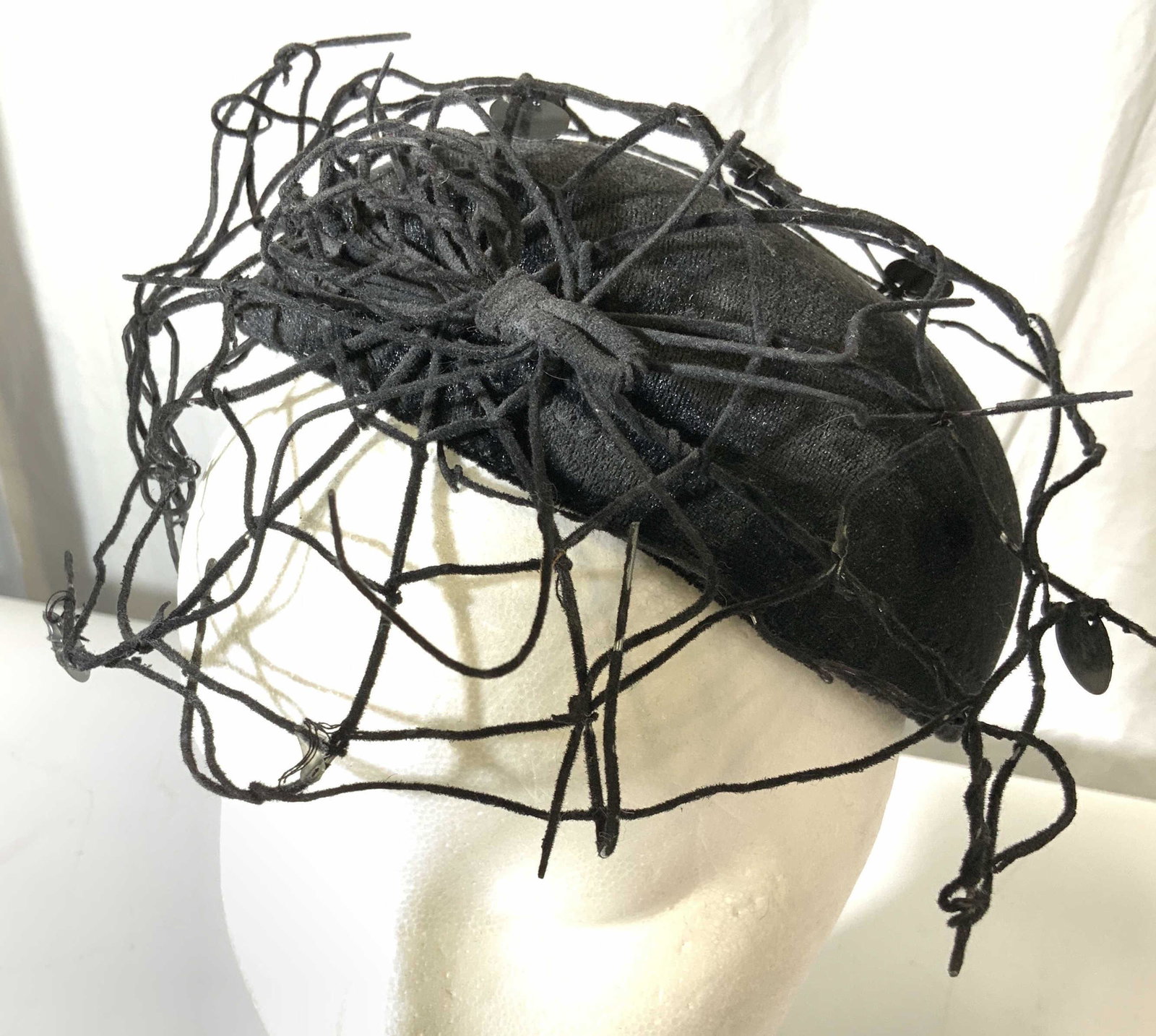 Department 56 Spider Web Fascinator: Velvet style Hard form fascinator Hat with wire Spider and web. 7 in diameter. Chin strap needs replacing ( stretch worn out). Ladies Fascinator Hat, Halloween Costume Accessory, Ladies Wearables, Lad