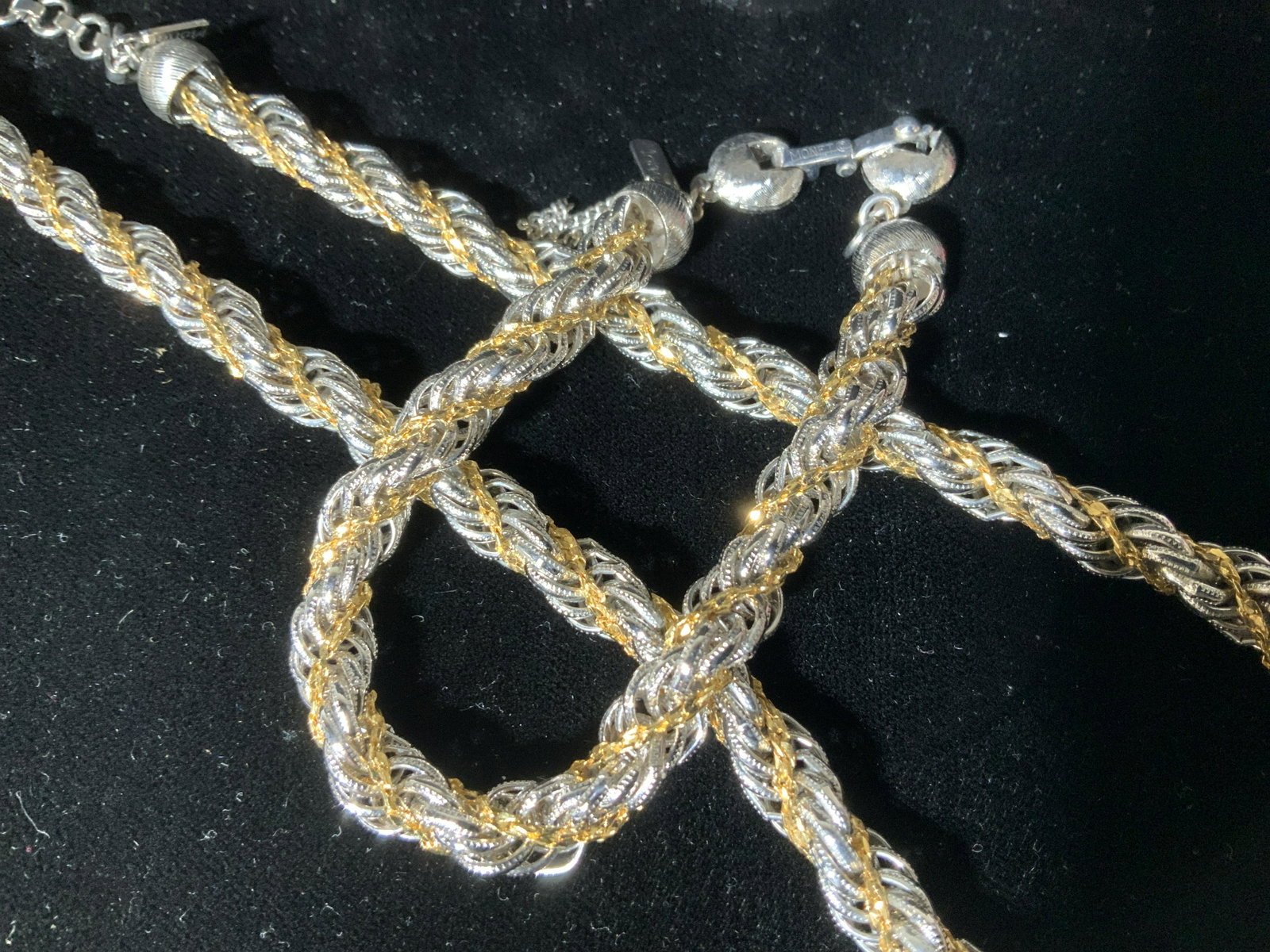 MONET Twisted Rope Two Tone Metal Jewelry Set: Necklace and Bracelet Set, Yellow and silver tone metal, Signed Monet clasps on both. Necklace 14 in. Bracelet 3 in. Vintage Jewelry, Fashion Jewelry, Estate Jewelry, Costume Jewelry, Ladies Wearable 