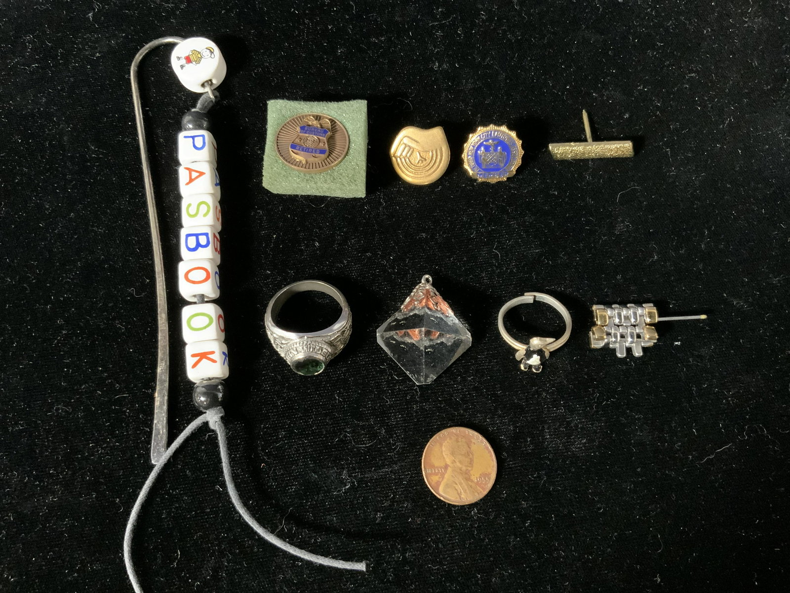 Lot 10 Vintage Pins, Accessories, and Coin: Lot 10 Vintage Pins, Accessories, and Coin, inscription to coin reads ‘1955’ measures 3/4 inches in diameter, inscription to class ring reads ‘John Wilson 1993’ and ‘Reed Ster’, approximat