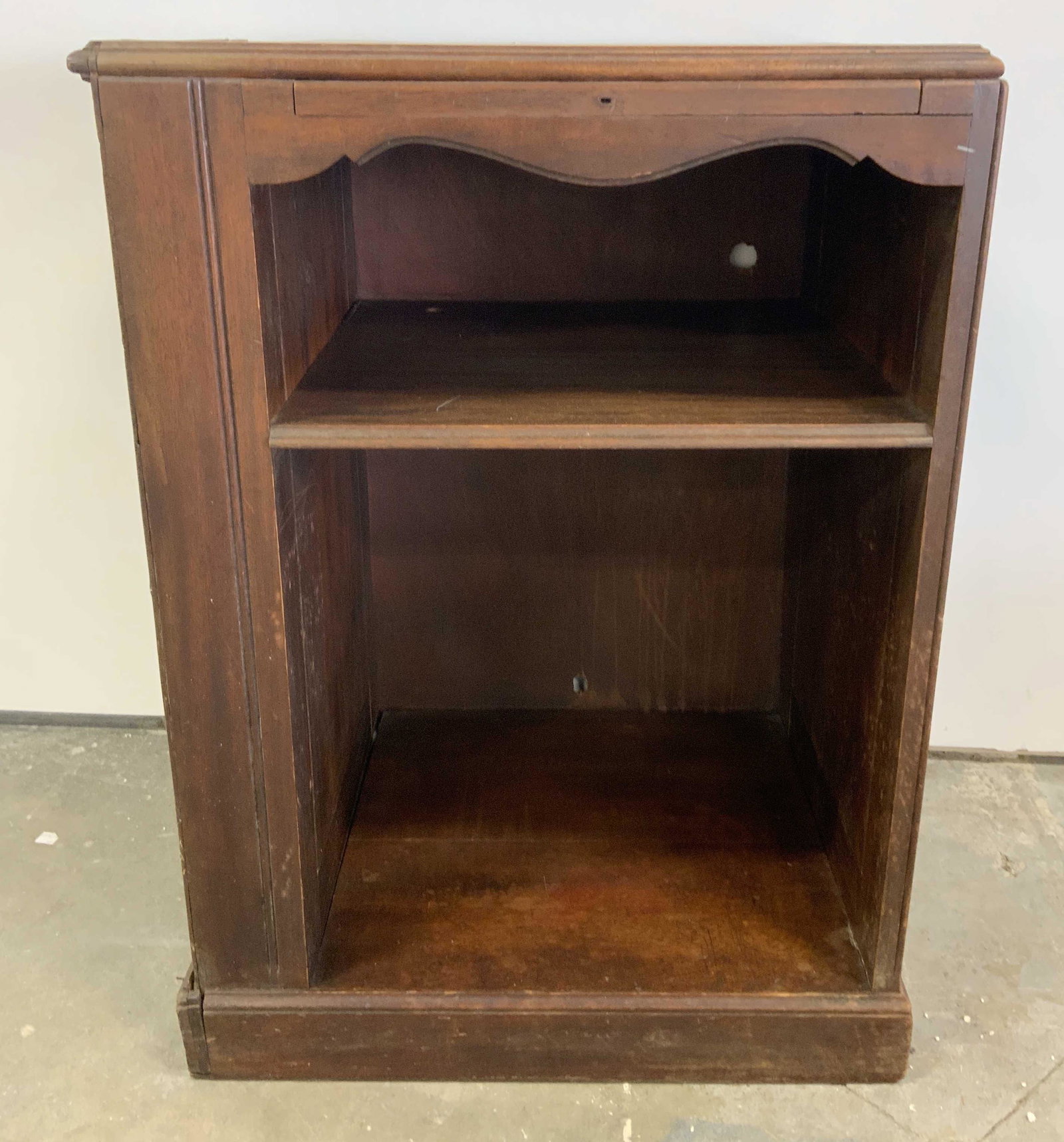 Vintage Wooden Nightstand: Vintage, possibly antique, night stand. Pull out tray present, handle is absent. Measures approx 30 inches h, 22 inches wide, 17 inches deep. Significant wear present, evidence of repairs. Night stand
