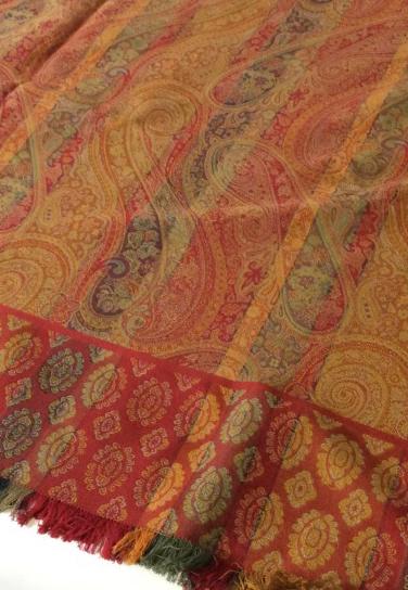 MULBERRY Paisley Fabric Textile, England 2 pcs: Rich colored Square Pieces of fabric, measurements are 53 x 54 in. , 52.5 x 53 in. Decorative 2 panel border, large paisley swirls over multi chrome striped pattern. Machine Made. Label attached to on