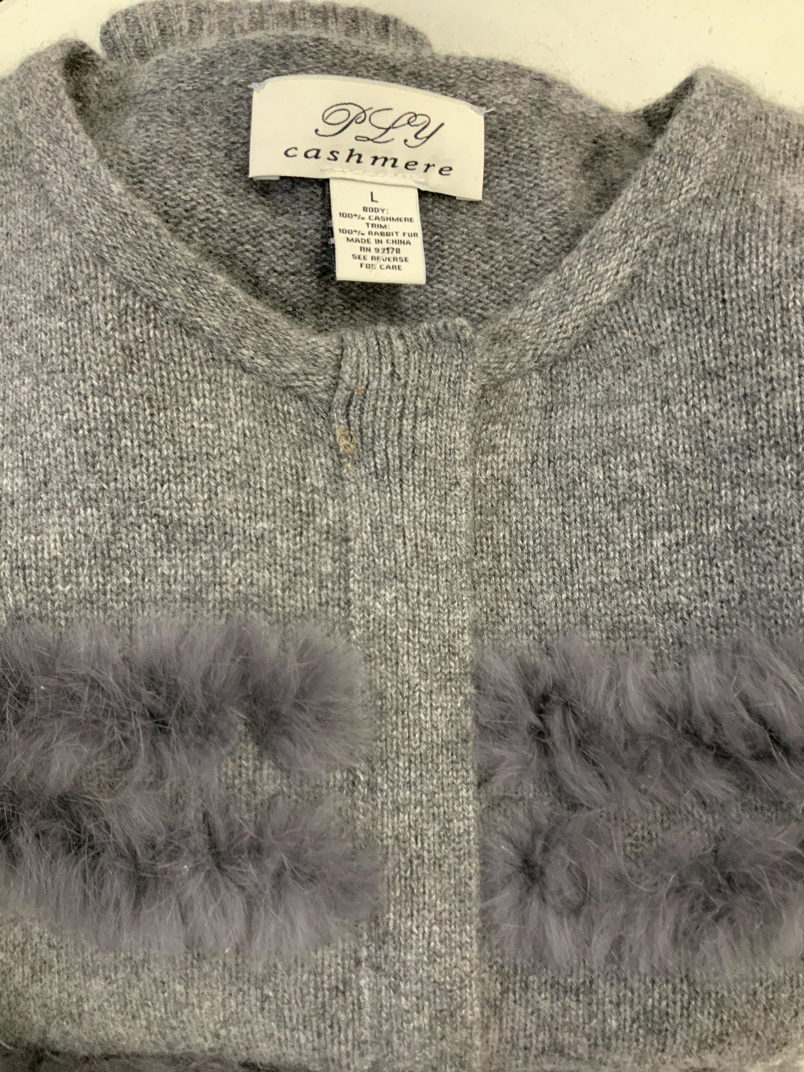 Grp Cashmere Sweaters, PLY, Lord & Taylor, more: Cashmere sweaters, all size large, heather grey Bloomingdales turtleneck with gold tone sleeve buttons, heather blue Lord & Taylor Turtleneck ( small mend on collar needed) , medium grey zippered PLY 
