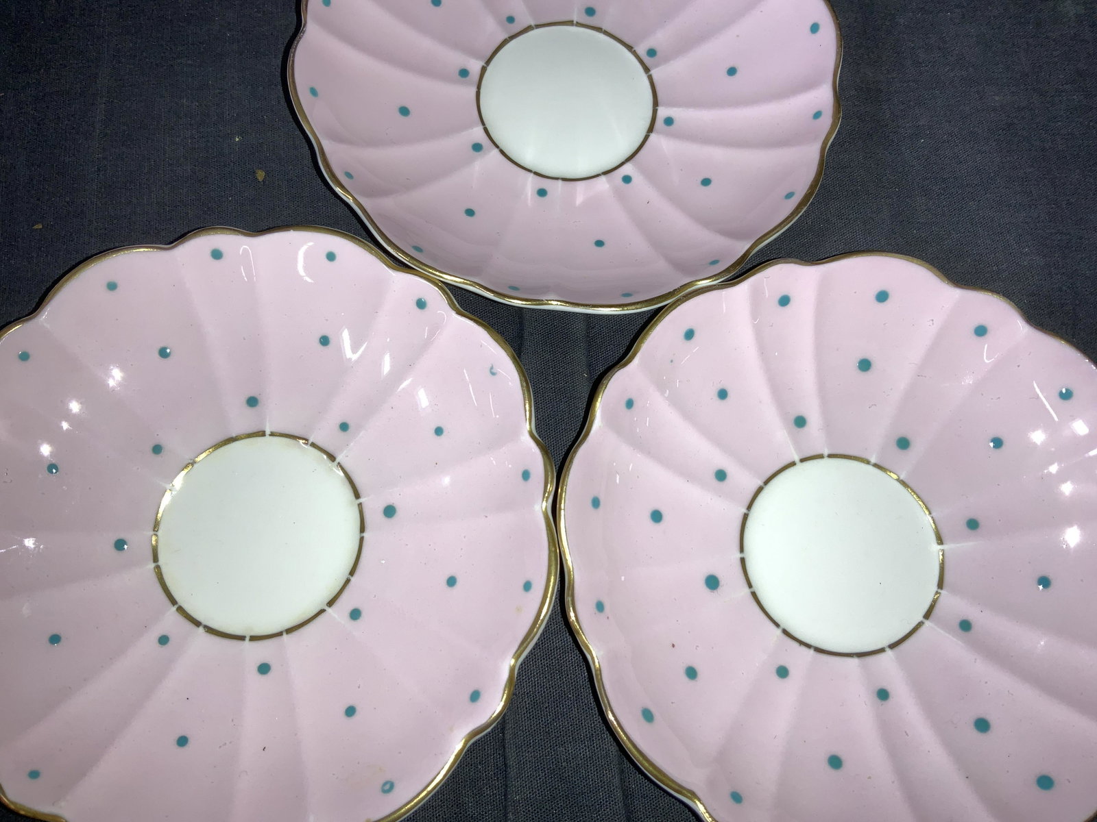Set 3 Porcelain VICTORIA Fine Bone China Saucers: Pink with blue polka dot, gilt rim and scallop edge. Hallmarked Victoria Bone China England 5.25 in. Property of Manhattan Estate. Vintage porcelain saucers, Tableware, tea saucers, ceramics, table de