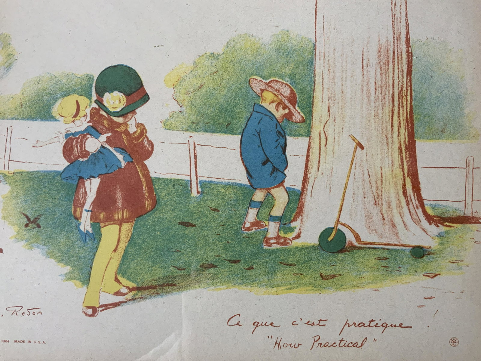 Vintage GEORGES REDON Lithograph Artwork: Vintage GEORGES REDON Lithograph, inscriptions to piece partially in French, inscriptions in English read ‘Georges Redon No 1504 Made in USA 1928 Camilla Lucas NYC USA How practical’, subject a bo