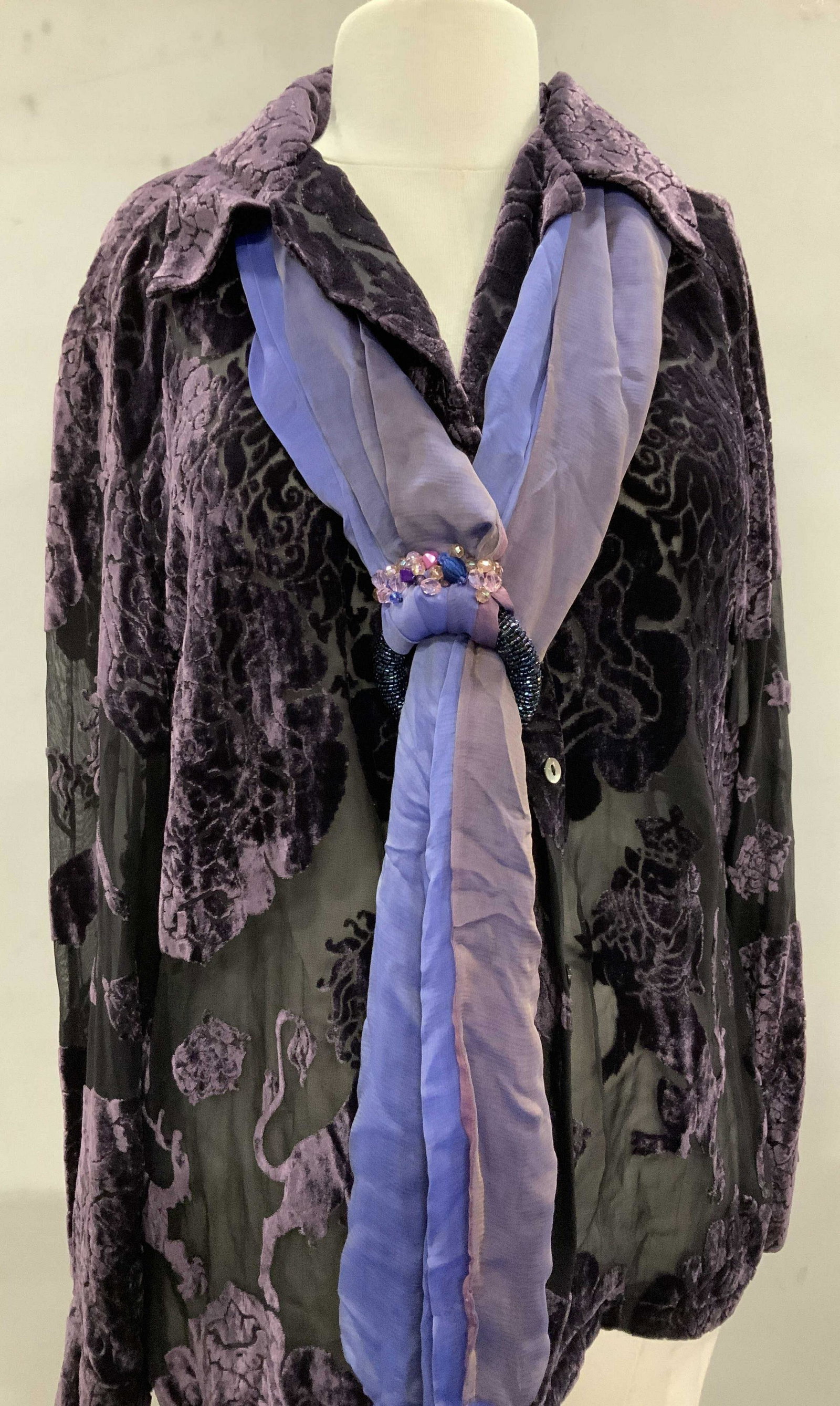 Grp 3 Sheer & Plush Blouses and Ladies Accessory: Plush and sheer royal Lion pattern amethyst color blouse, sz Medium. Labeled blue plush and sheer pattern blouse, made in England, size Medium, sheer beaded tassel Accessory, use as a belt or around t