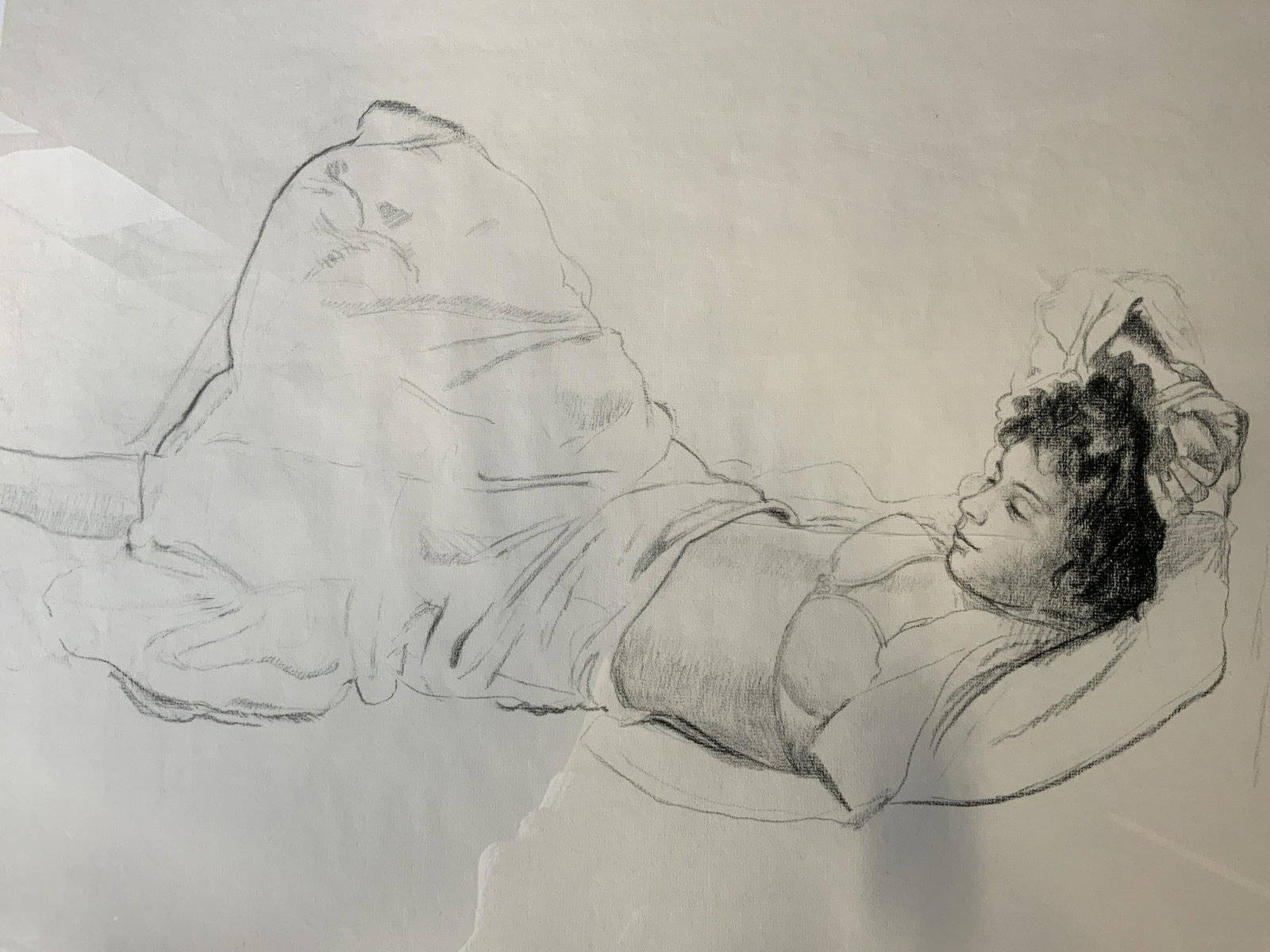 FRANK GALUSKA Signed Charcoal Drawing: FRANK GALUSKA Signed Charcoal Drawing, Signature to lower right reads ‘Galuska’, subject a reclining woman, measures 24 1/4 x 36 1/4 inches, crack to lower corner of glass, black metal frame, surf