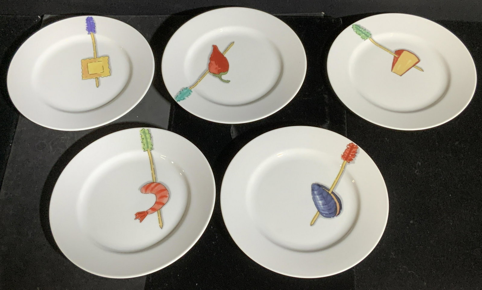 Crate&Barrel Appetizer Porcelain Plate Set 5: White ware porcelain plates app 6.5 in. , Hallmarked on backside ‘Nancy Green for Crate&Barrel’ Plates, decorative plates, saucer, salad plate, crate& barrel appetizer plates, Kitchenalia, Nancy g