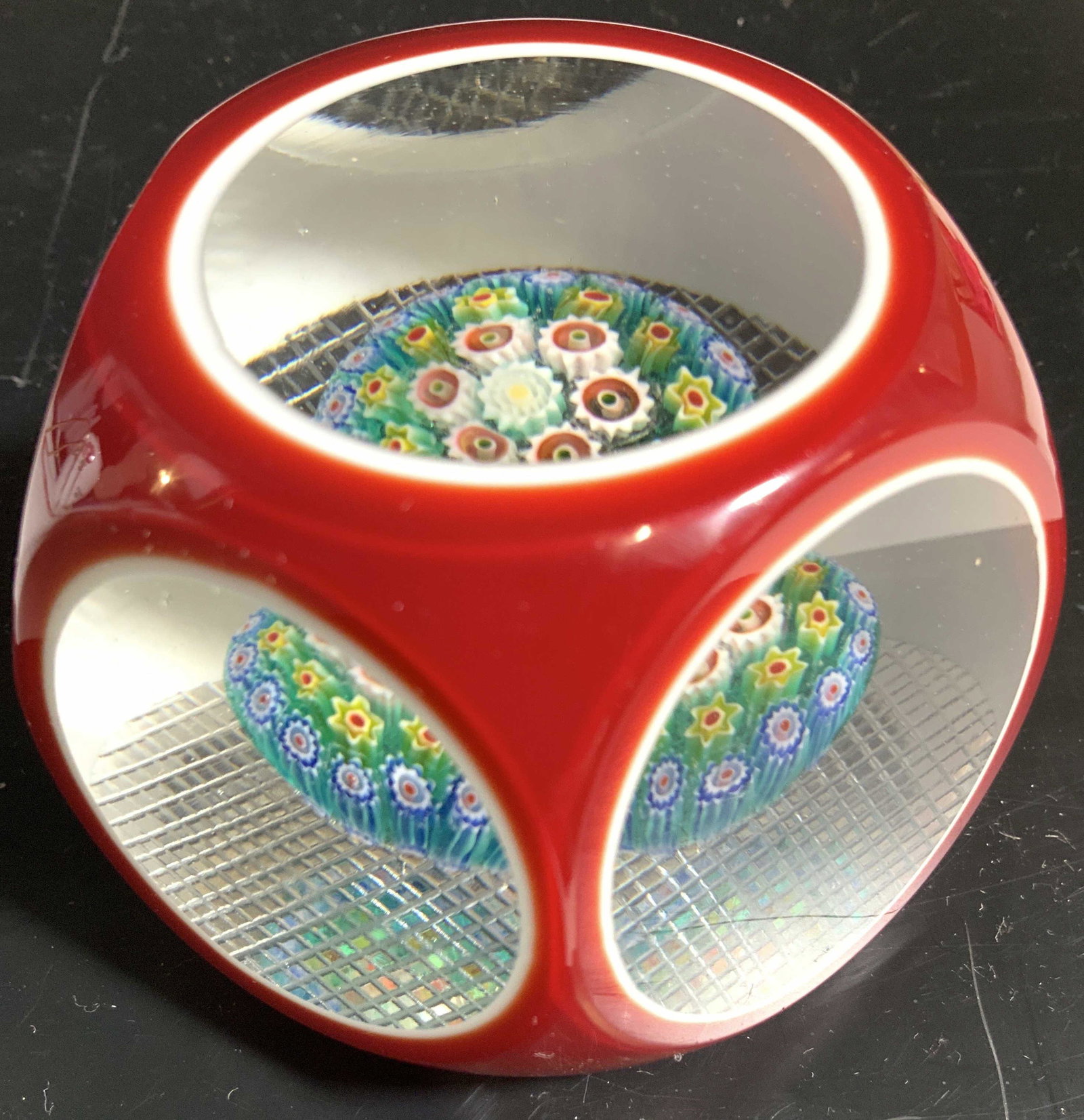 MURANO Millefiori Collectible Paperweight: Vintage Murano Art Glass Paperweight Double Overlay Millefiori 3D bouquet- A double overlay encased millefiori with highly complex yellow, blue, red & white canes pulled to a posey of flowers. Encased