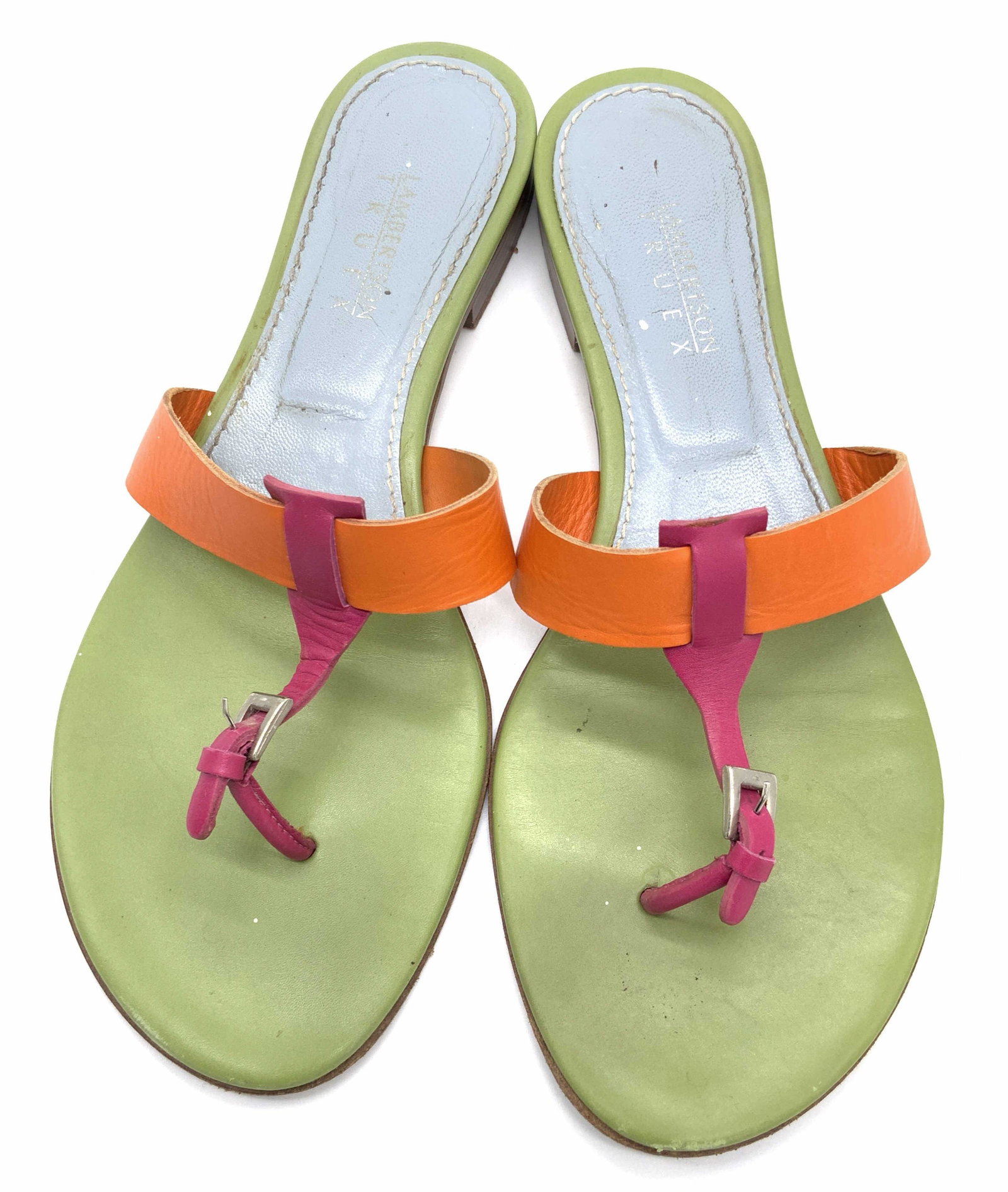 LAMBERTSON TRUEX Italian Leather Sandals, Ladies: A pair of Lambertson Truex Italian leather shoes. Sandals feature color block orange, green, and magenta hues. Sandals have a slight heel. Size 38. Approx. Size in US 7.5 / 8. Shoes have evident wear.