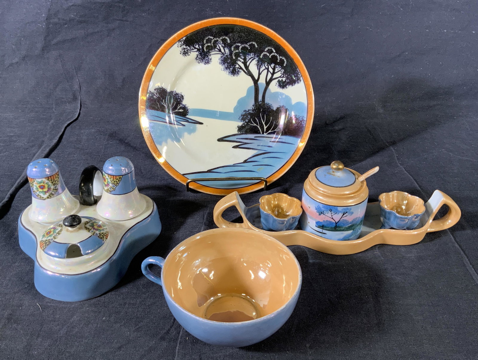 Lot 9 Vintage Japanese Lusterware: Lot 9 Vintage Japanese Lusterware, inscription read ‘Japan’ and ‘NORITAKE Hand painted Made in Japan’, teacup measures 2 inches tall x 3 7/8 inches in diameter, dish measures 7 3/8 inches in d