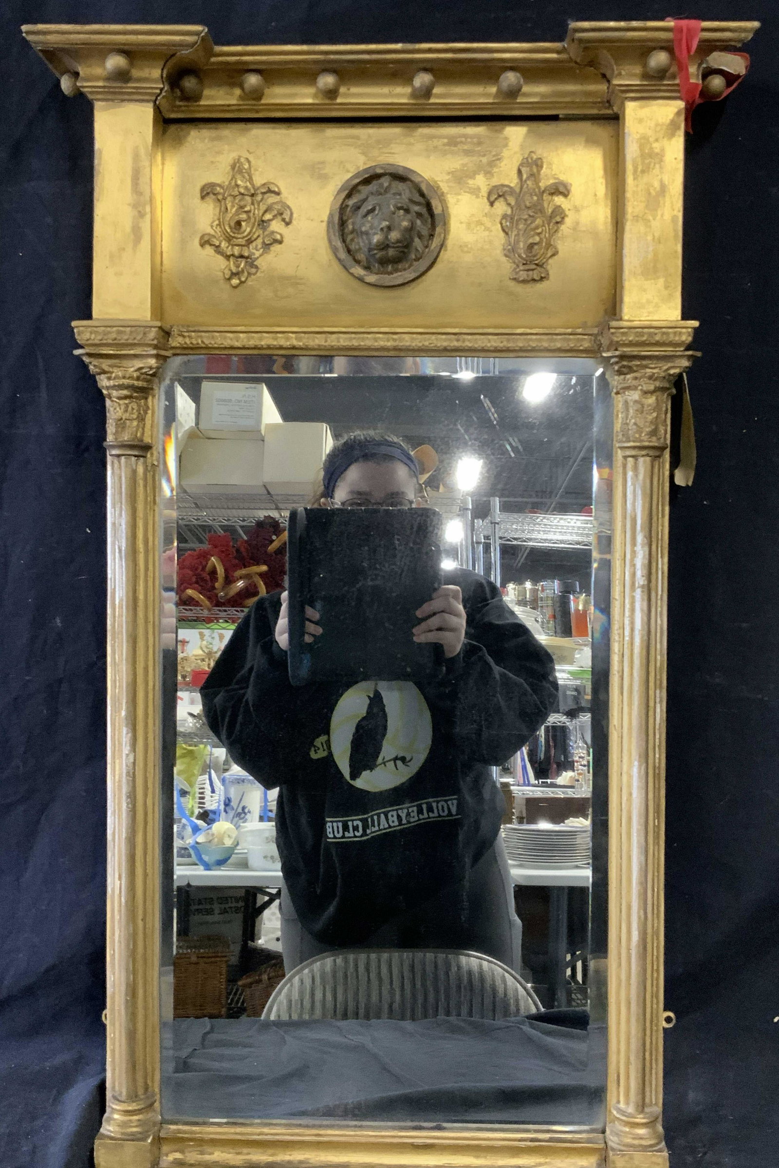 Early English Gilt Wood Mirror w/ Lion Heads: Early English Hand carved gilt wood mirror with lion heads, frame is made of hand carved wood and plaster, parts of frame are broken or completely separated, beveled mirror, piece measures 33 inches t