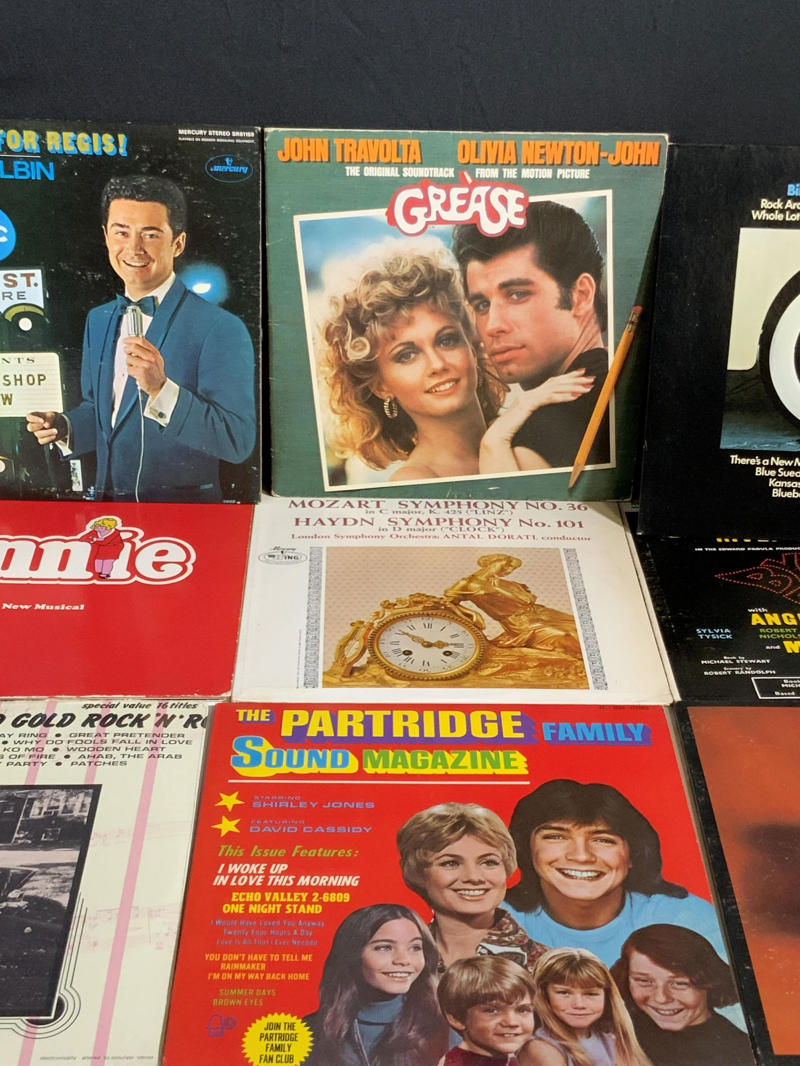 Lot 9 Vintage Vinyl Records, GREASE, REGIS, & More: A lot of vintage vinyl records with their covers. Pieces appear to be 33 1/3s. One piece appears to never have been used, plastic covering over album cover. Titles and singers include GREASE, ANNIE, R