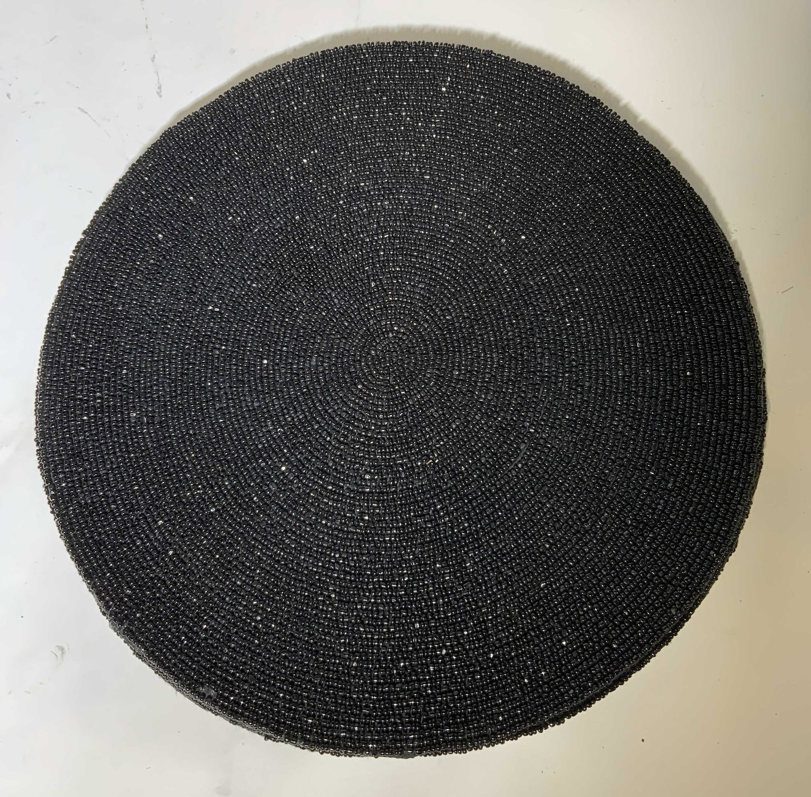 Set 4 Beaded Place Mats: Set 4 Beaded Placemats, no apparent inscriptions or marks, all measure 13 3/4 inches in diameter, some loose threads and missing beads, Charger placemat, round placemat, place mat, tableware, tabletop