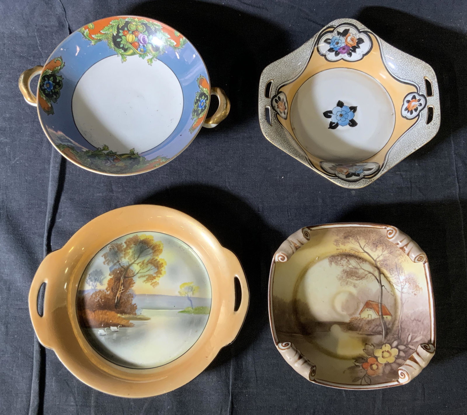 Lot 4 Vintage NORITAKE Porcelain Dishes: Lot 4 Vintage NORITAKE Porcelain Dishes, stamps read ‘NORITAKE Made in Japan’ and ‘Hand Painted Made in Japan’, orange rimmed dish measures 1 1/4 inches tall x 8 1/2 inches at widest point, fo