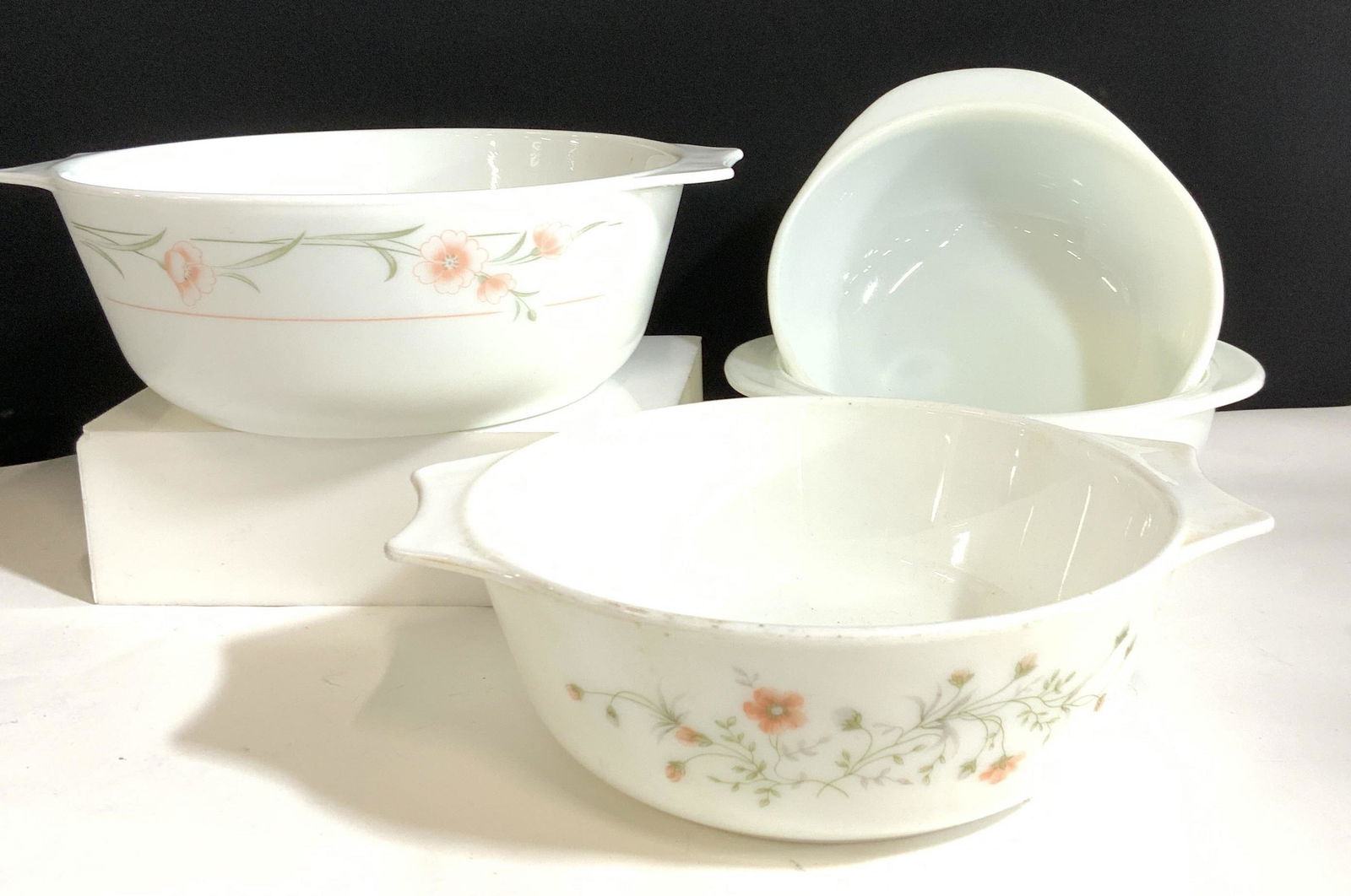 PYREX Mixing Bowl, Oven & Microwave Group 4: Vintage Pyrex, Milk Glass , all mixing bowls, casserole bowls, bakeware, with handles. Smaller bowls are Corning Ware, Oven and Microwave Save. Medium & Large Bowls are Pyrex Made in England, possibly