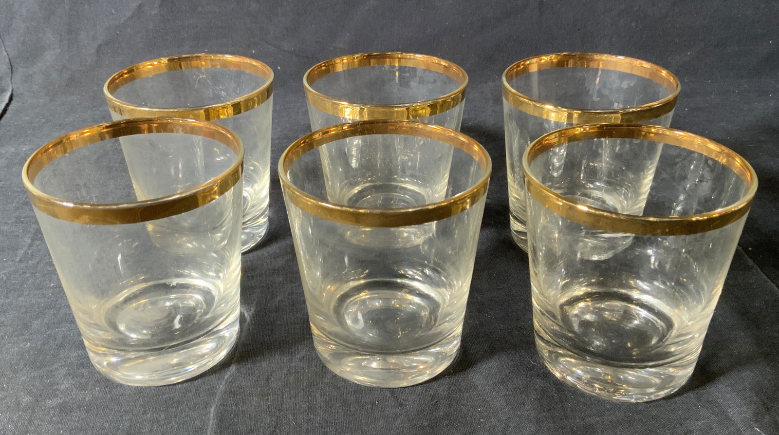 Set 6 Gilt Glasses, Barware: Set 6 Gilt Glasses, no apparent inscriptions or marks, all measure 3 3/8 inches tall x 3 inches in diameter, surface wear to pieces, Glassware, drinking glass, whiskey glass, old fashioned glass, deco