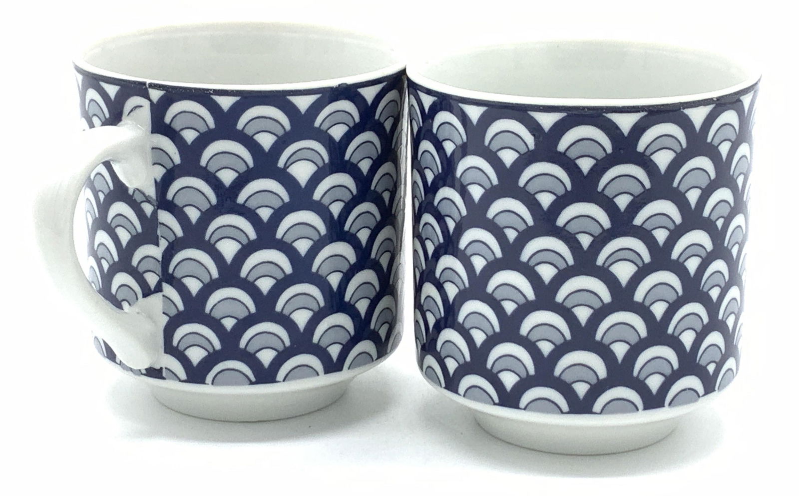 Set 11 Porcelain Hand Painted Tea Cups: Rainbow pattern blue and white porcelain tea/ coffee cups, also great as soup cups or for small meals for children. Multi hued Navy & grey on white porcelain, no marks. Come in box wrapped in bubble w