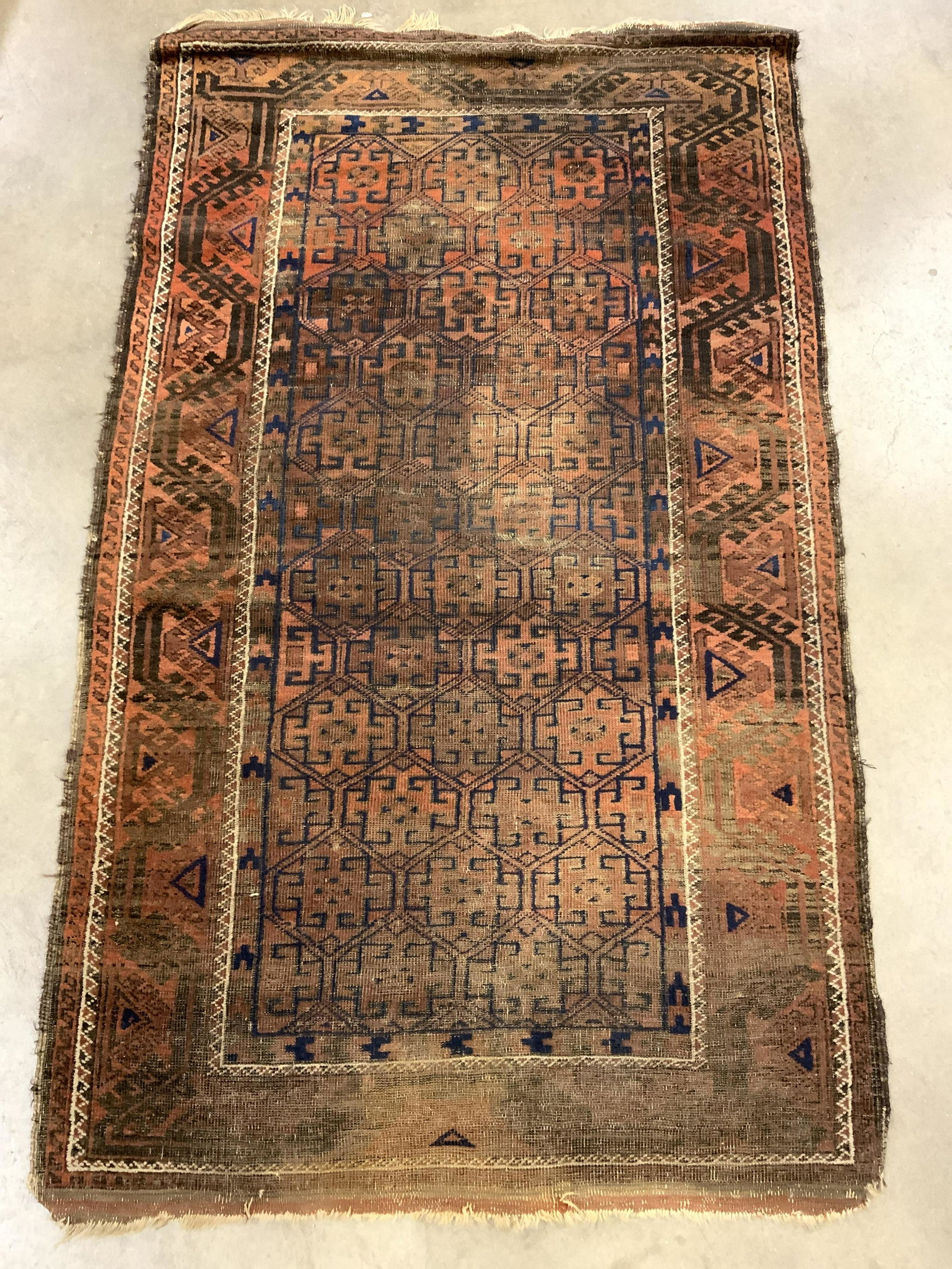 Vintage Handmade Turkish Wool Rug: Rug is wool and handmade. Rug is vintage possibly antique. Piece appears to be Turkish. Piece has intricate multi toned geometric detail. Piece measures approx 67 inches wide 70 inches long. Rug, wool