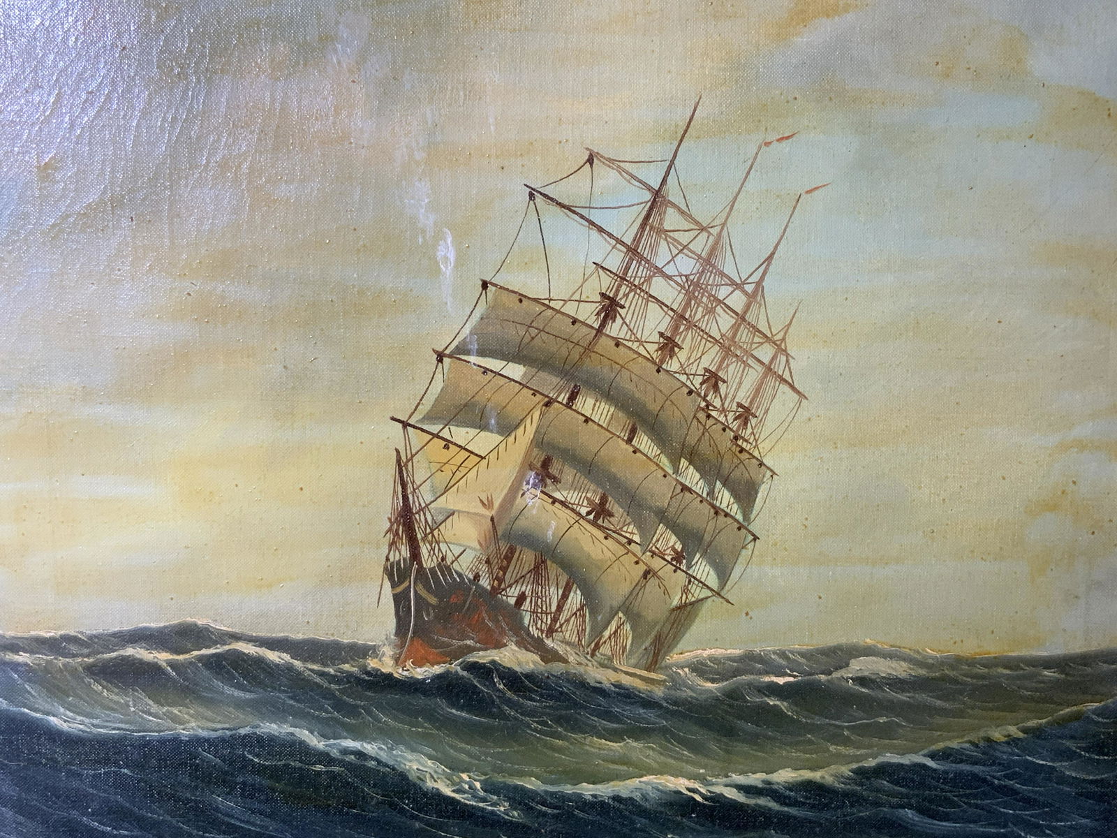 Initialed Oil on Canvas Painting of a Ship (1 of 8)