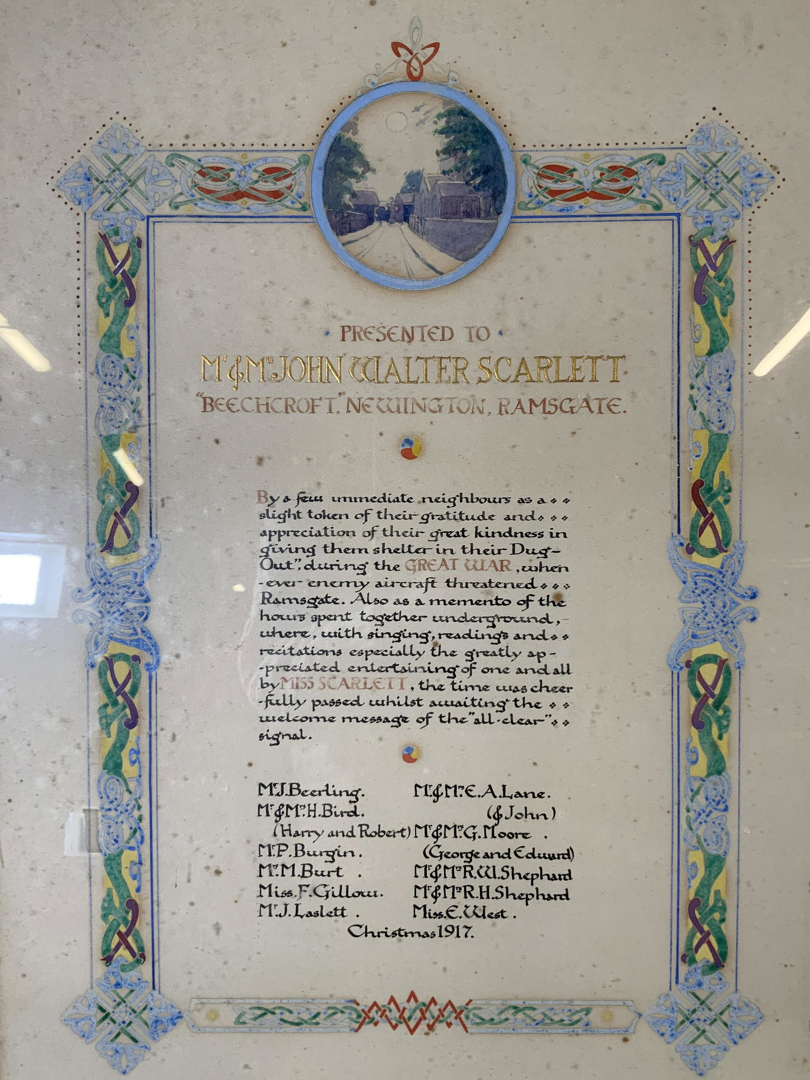 Antique WWI Memorabilia 1917: Antique WWI Memorabilia 1917, inscription reads ‘Presented to Mr & Mrs John Walter Scarlett Beechcraft Newington Ramsgate Bu a few immediate neighbors as a slight token of their great kindness in gi