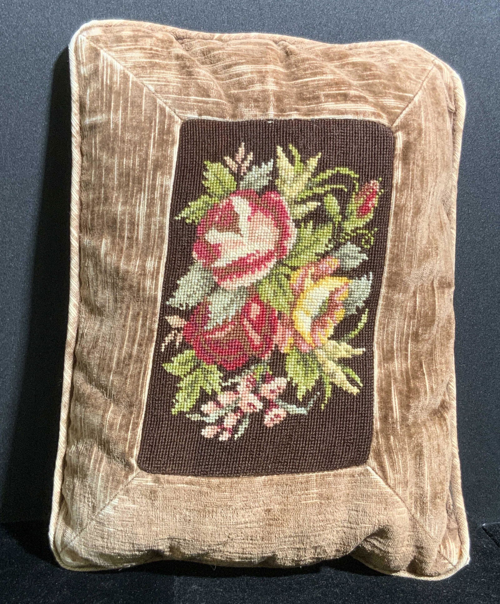 Handmade Vntg Rose Motif Needlepoint Throw Pillow (1 of 9)